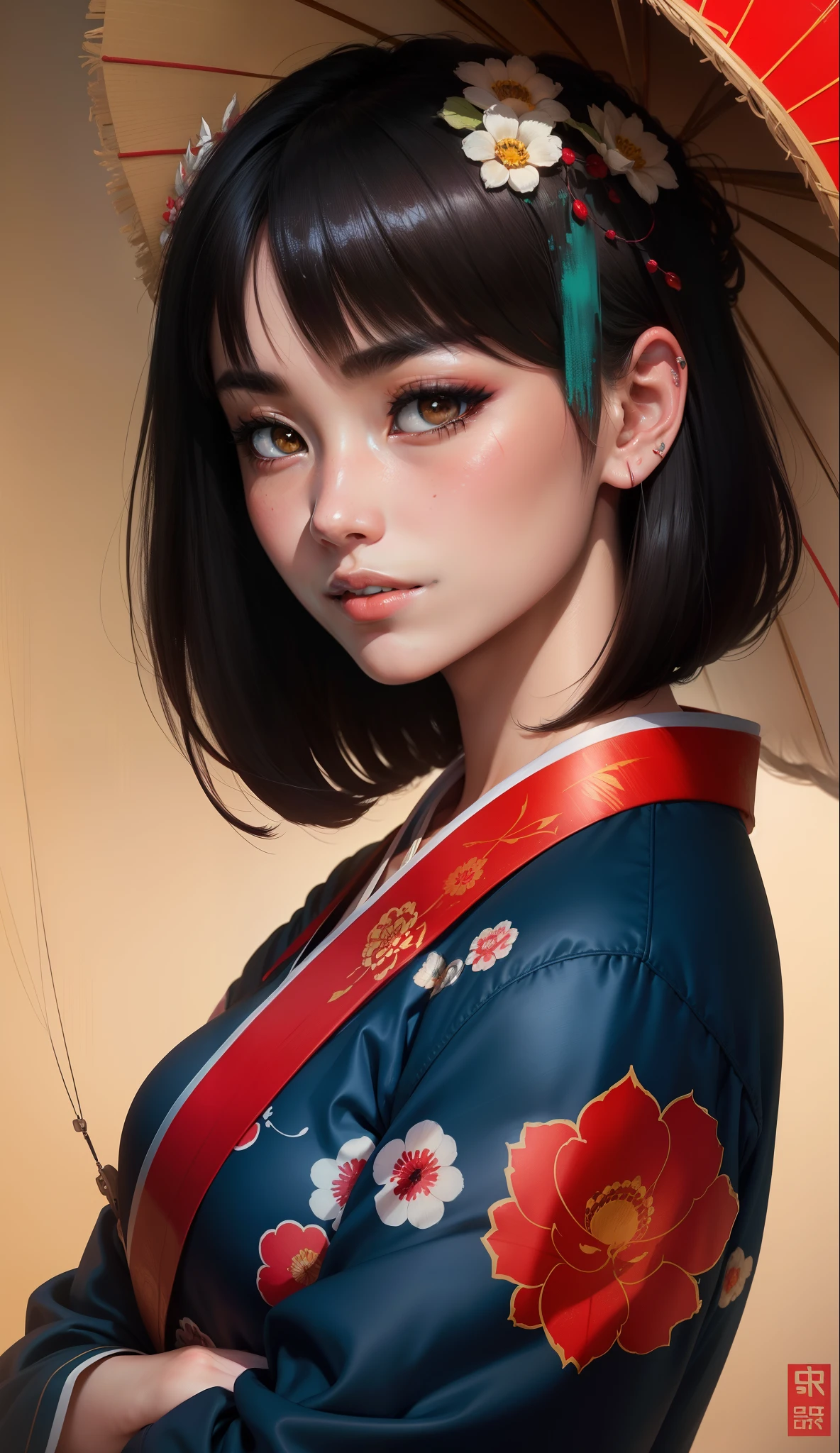 Asian girl centered, visual chave, intrincado, altamente detalhado, breathtaking beauty, lineart preciso, vibrante, Comprehensive cinematic, Carne Griffiths, Conrad Roset, (o retrato mais bonito do mundo:1.5), rosto detalhado, olhos vermelhos detalhados, detailed red lips, smile expression, pele lisa detalhado