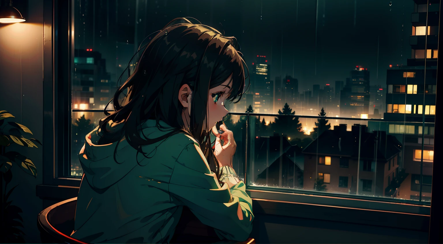Girl, dark brown wavy hair, green eyes. Girl Sitting in gamer chair and looks out the window. Out the window Night city street, rain, dark sky. Rain Drops run down the glass. warm, pleasant lighting. Camera behind the girl
