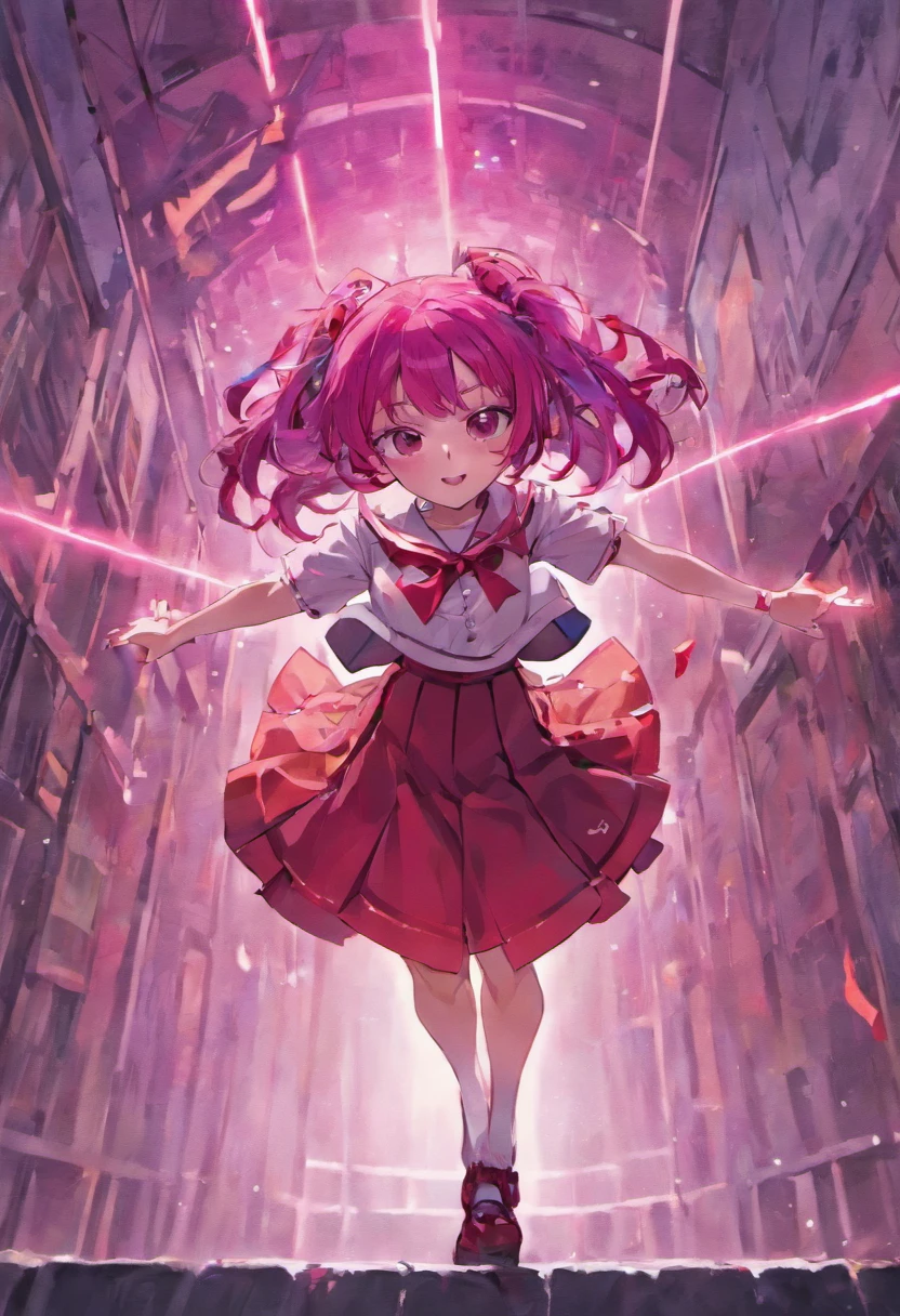 girl, long, lustrous, and vibrant magenta-colored hair wearing school uniform, which consists of a white blouse, a red ribbon tie, a plaid skirt, and knee-high socks rin tohsaka