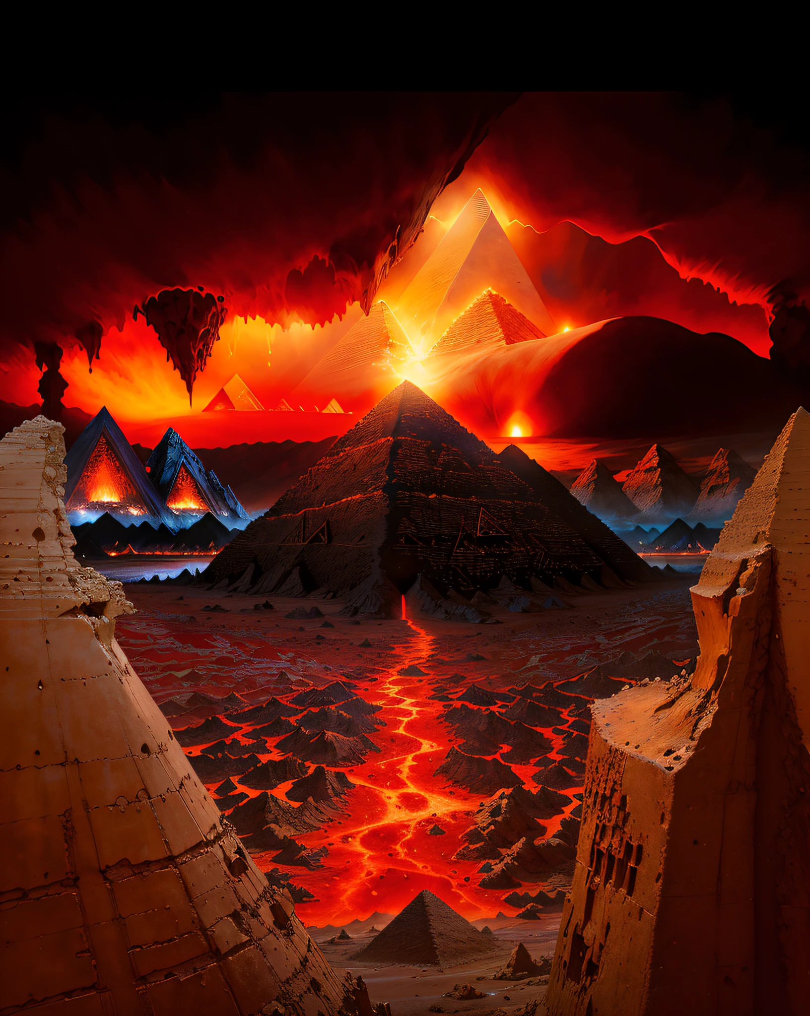 a close up of a pyramid in a desert with a sky background, hell scape, symmetrical epic fantasy art, the gate to hell, apocalypse art, gate to hell, apocalyptic art, hell background, dagoth ur, wayne barlowe pierre pellegrini, apocalypse art!!!!, mordor, grimdark matte fantasy painting, apocalypse landscape!!!!!, bloody river in hell