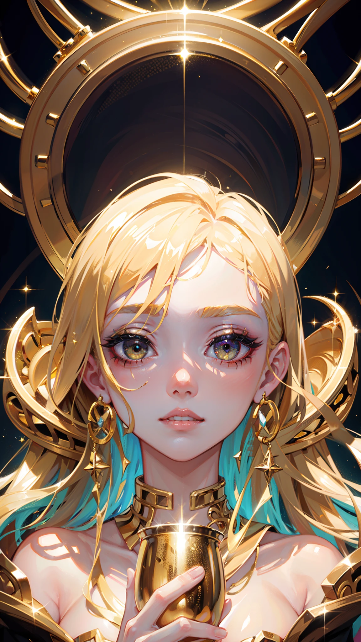 High quality. High details. 8K. Gold eyes. Holding a gold cup. Melting makeup. Crackled skin. Klimt. Esoteric. Power. Queen