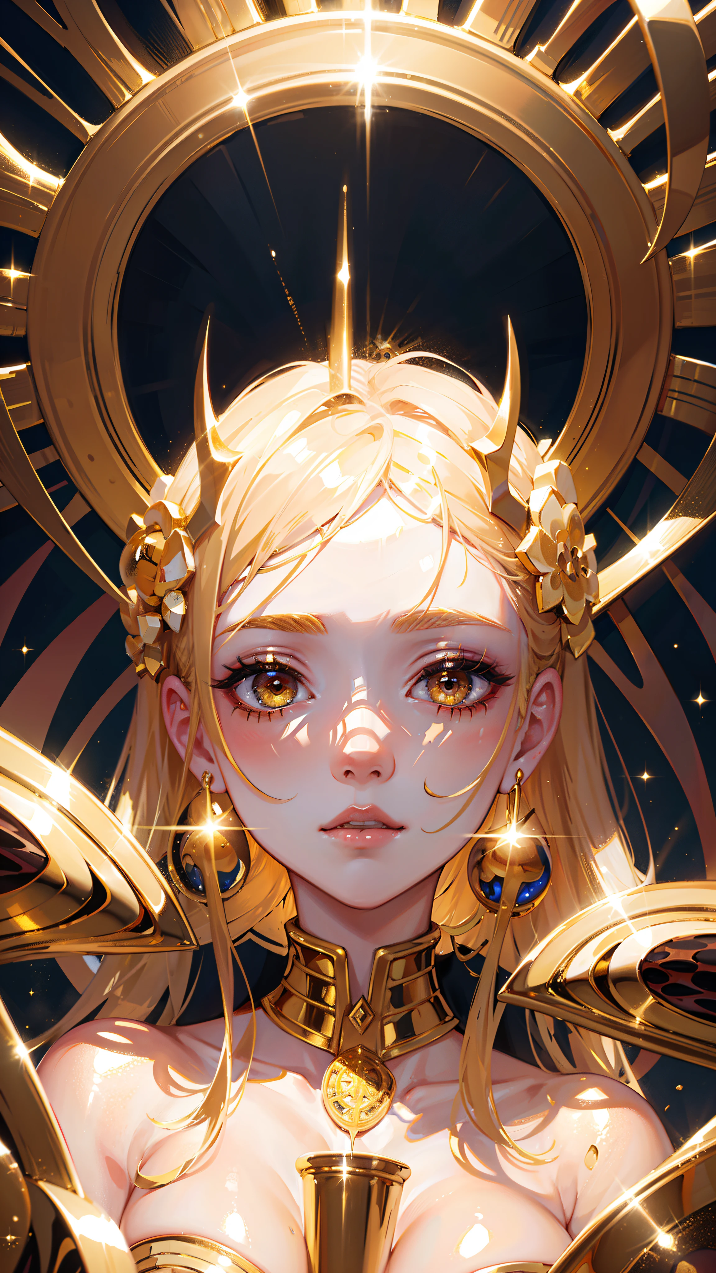 High quality. High details. 8K. Gold eyes. Holding a gold cup. Melting makeup. Crackled skin. Klimt. Esoteric. Power. Queen
