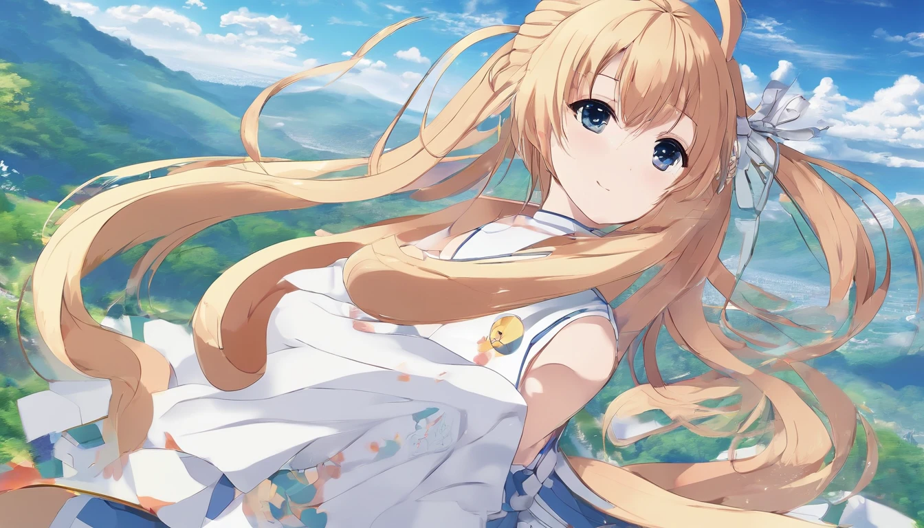 Big Breasts,blue sky,Blonde,Completely naked,Beige skin,Black socks,An anime character sitting on the ground with his head bowed, By Kentaro Miura,, Looking into the distance, The wind is blowing、Hair fluttering, smile,Ishida Sui Art Manga, Hair blowing in the wind, Beautiful anime outline, far!!, Pin on anime
