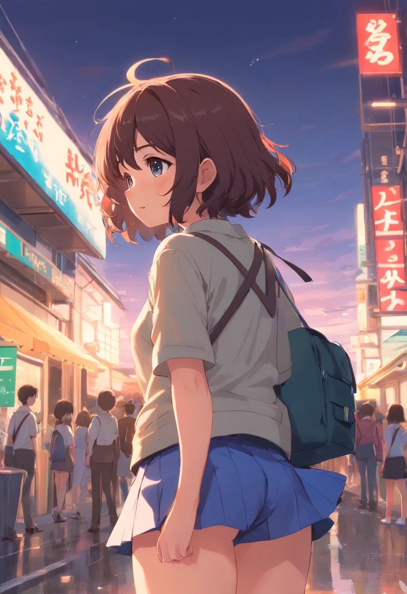 (master part), short hair, 1girl, cabelos floofy, curly hair, brat, Tsundere, slirt curto, high-school uniform, menina da escola,virada de costas,mostrar a bunda, e a calcinha molhada,amarrar, Embarrassed, Corar, trembling mouth, (irritado), from behind, cabelo rosa, Olhando para o Viewer, Outside, mochila, Panties, sexy