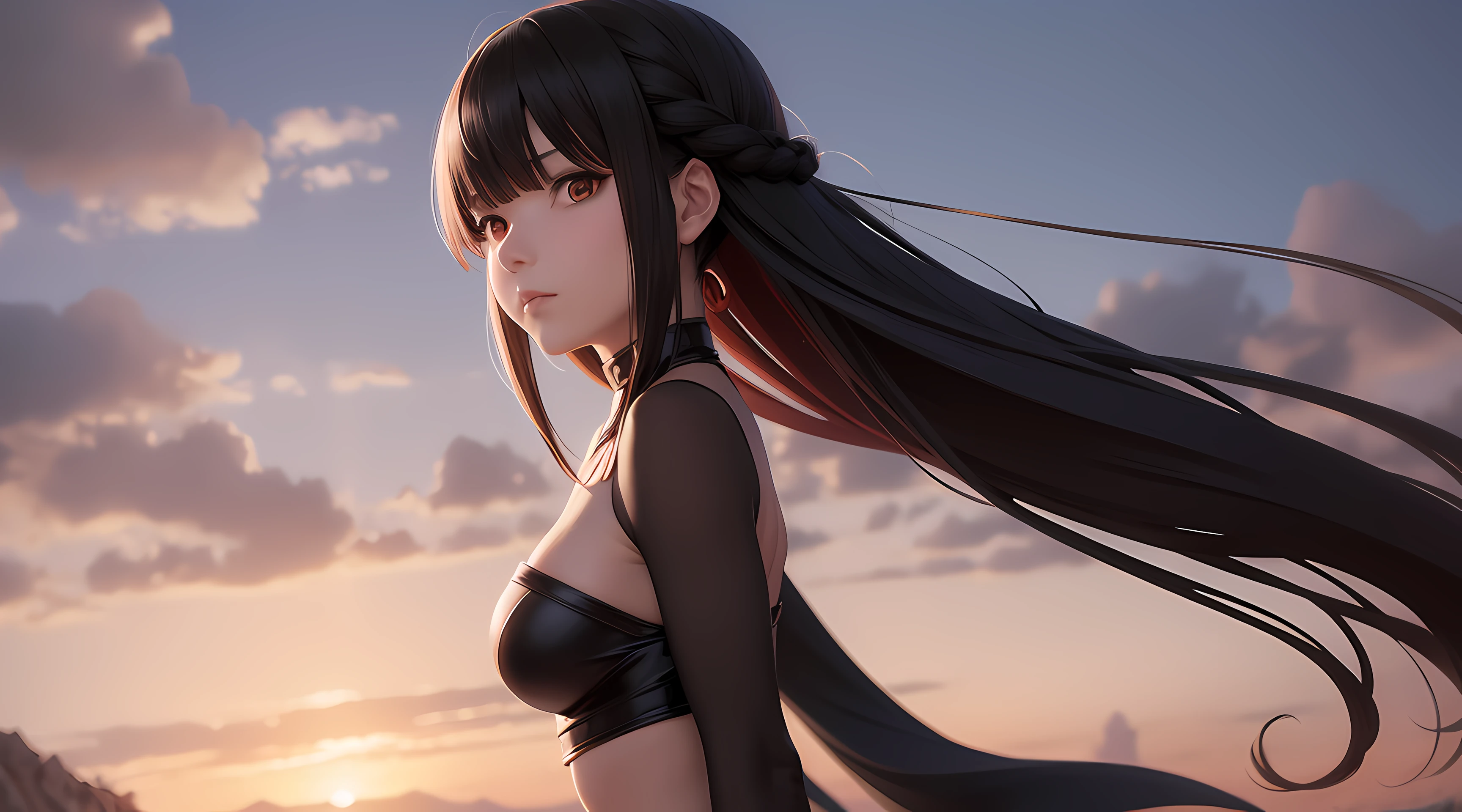 anime - imagem de estilo de uma mulher em uma roupa preta com uma espada, Artgerm extremamente detalhado, Anime Art Wallpaper 8K, 4 k manga wallpaper, badass anime 8 k, papel de parede anime 4k, Anime Art Wallpaper 4K, Anime Art Wallpaper 4K, cushart krenz arte chave feminina, Estilo anime 4K, female action anime girl, com ambiente montanhoso com o fundo da imagem desfocada