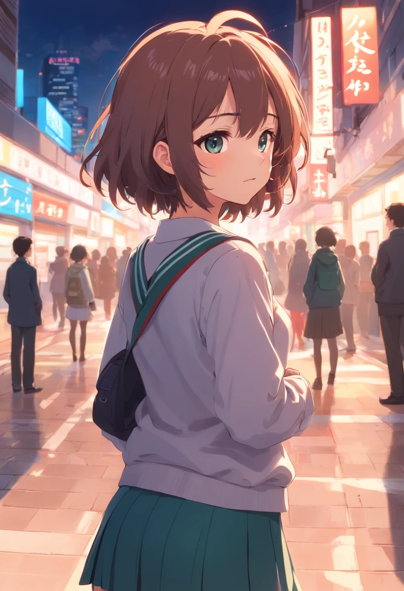 (master part), short hair, 1girl, cabelos floofy, curly hair, brat, Tsundere, slirt curto, high-school uniform, menina da escola,virada de costas,mostrar a bunda, e a calcinha molhada,amarrar, Embarrassed, Corar, trembling mouth, (irritado), from behind, cabelo rosa, Olhando para o Viewer, Outside, mochila, Panties, sexy