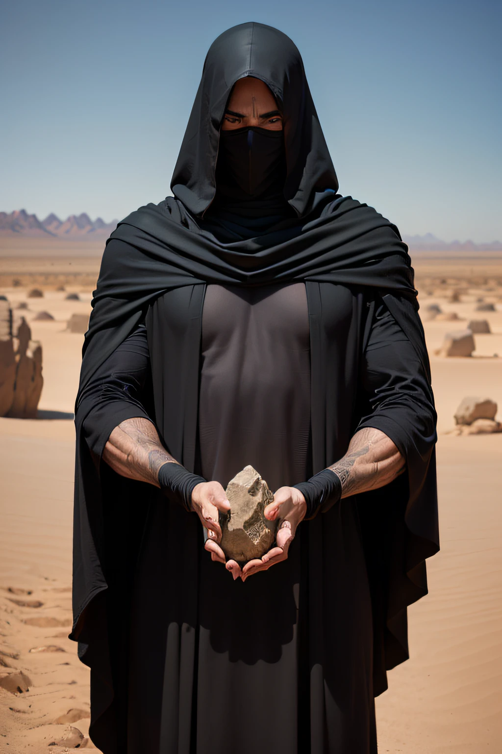 Black cloaked man with a stone in his hand in the desert