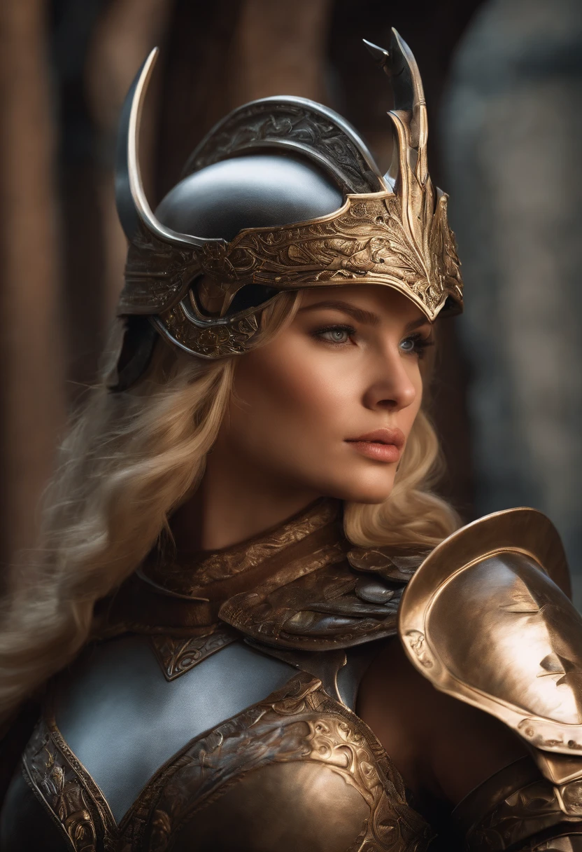 tmasterpiece，High-definition CG diagram，beautiful female warrior，One hand holds a sword，Helmet in one hand，Oversized models，Detailed eyes and face，Tall figure，The blonde，All-armor clothing，Over-the-knee boots，Brilliant armor colors，Exquisite decoration，Charming temperament，Tall figure，Wide buttock，Thick thighs，A majestic sight，Booth at war。