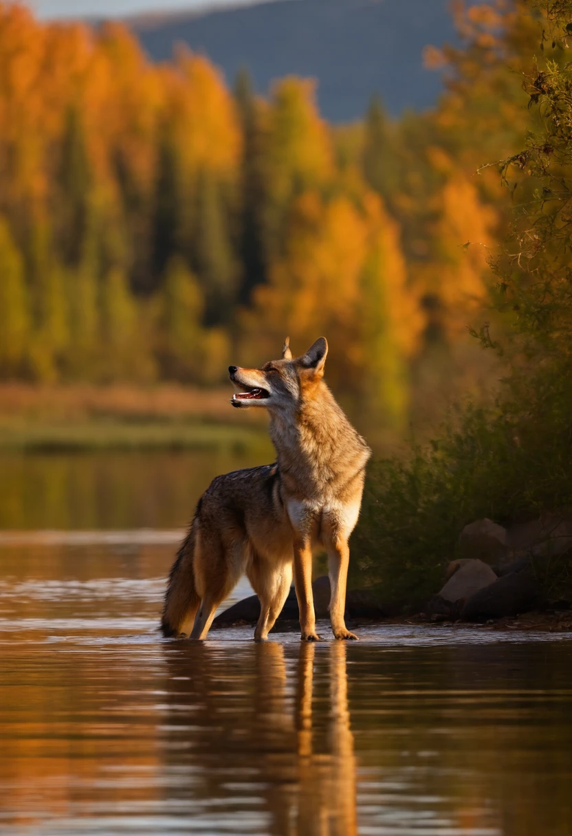 man-coyote singing and dancing by the lake