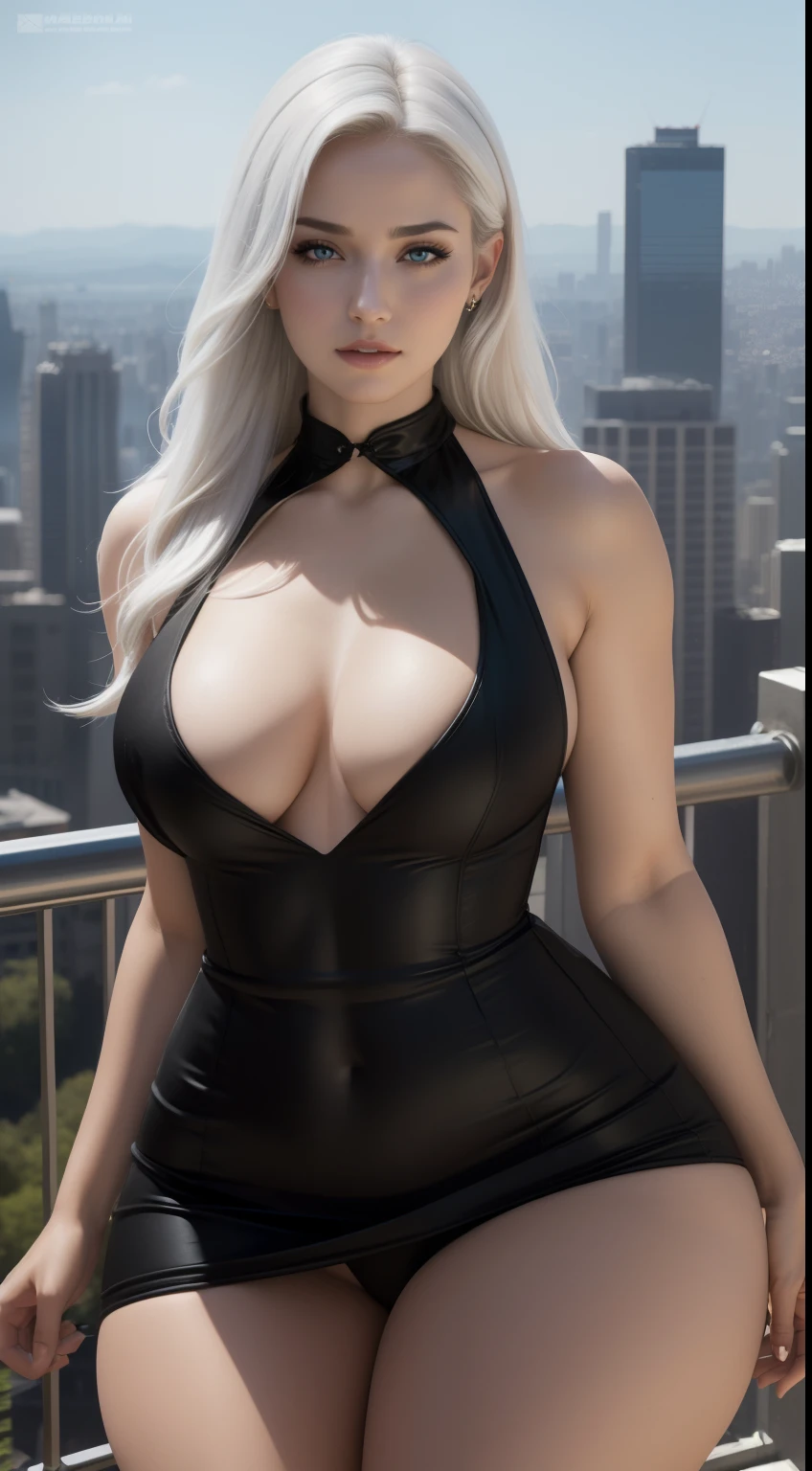 Masterpiece, Best quality, (Photorealistic:1.4), full bodyesbian, (Black dress:1.1), view over city, Cinematic light, Beautiful woman, ((From any direction)), sport, Large breasts, White hair, rim, Detailed face,Thighs exposed