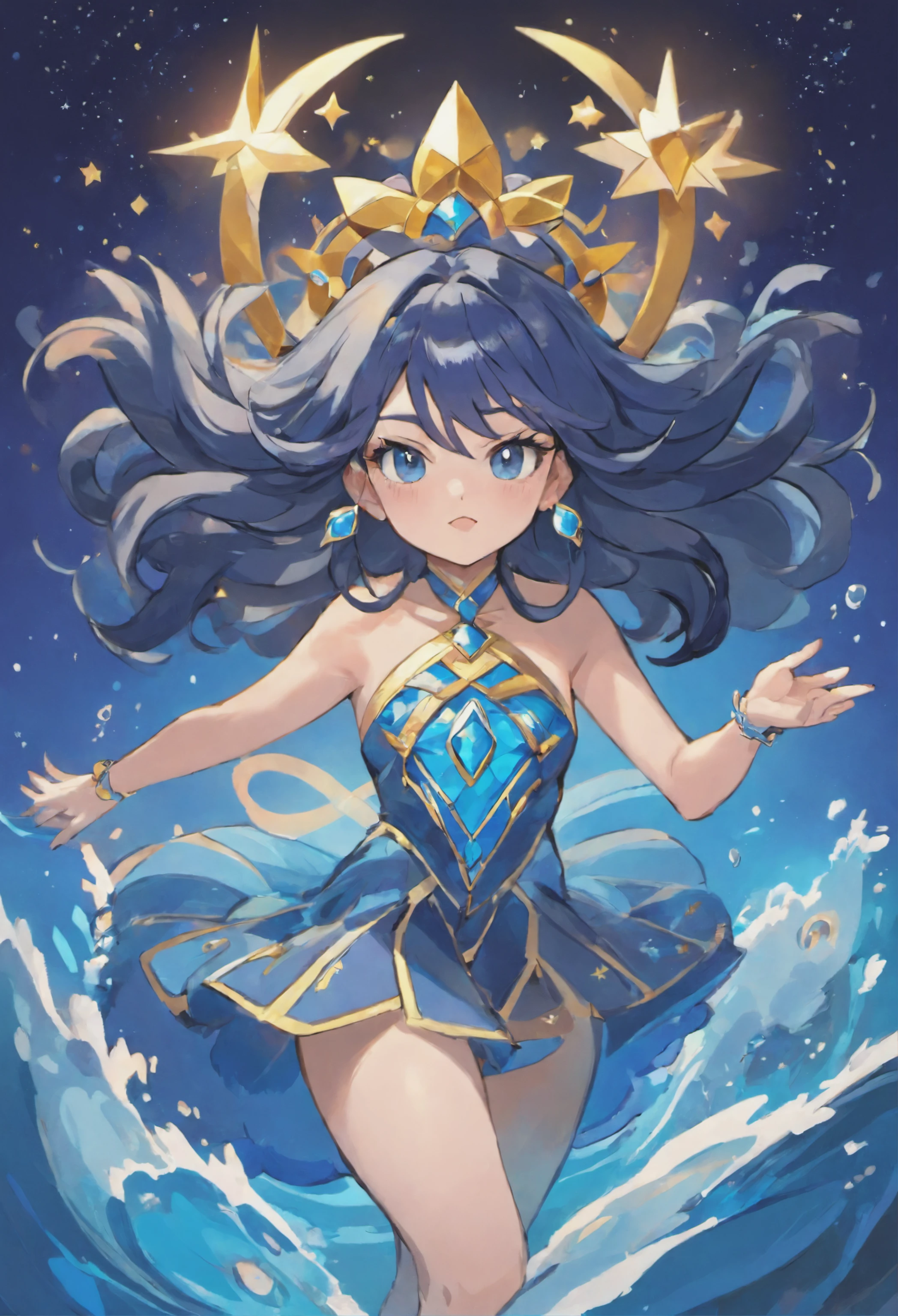 ( hiquality , Ultra Detailed, Be careful with your hand )Zodiac - Sagittarius goddess , Similar to Latin goodness . optimistic, Impartiality, Funny and intelligent face . Reckless, heartless, impatient, Self-confident style . dark blue eyes (eye details) , Dark blue hair with a trinket , transparent dress , In the ocean with the stars , Whole body , Fiery make-up , the god Chiron