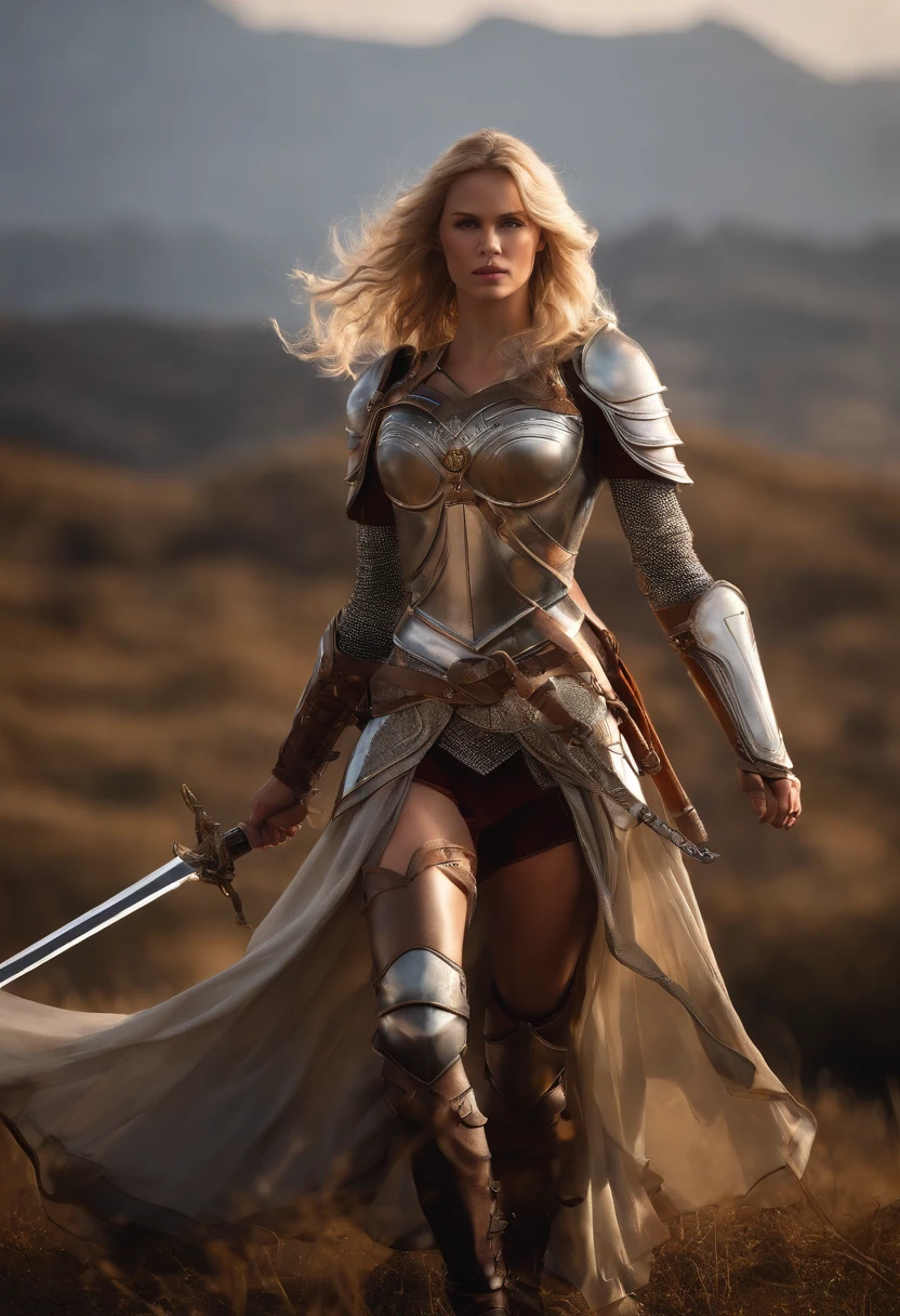 tmasterpiece,High-definition CG diagram,beautiful female warrior,One hand holds a sword,Helmet in one hand,Oversized models,Detailed eyes and face,Tall figure,The blonde,All-armor clothing,Over-the-knee boots,Brilliant armor colors,Exquisite decoration,Charming temperament,Tall figure,Wide buttock,Thick thighs,A majestic sight,Booth at war。