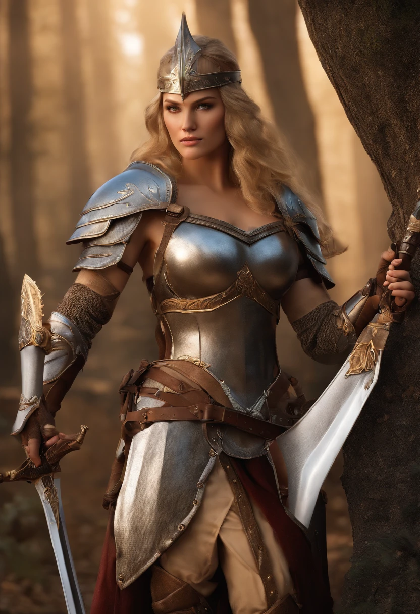 tmasterpiece,High-definition CG diagram,beautiful female warrior,One hand holds a sword,Helmet in one hand,Oversized models,Detailed eyes and face,Tall figure,The blonde,All-armor clothing,Over-the-knee boots,Brilliant armor colors,Exquisite decoration,Charming temperament,Tall figure,Wide buttock,Thick thighs,A majestic sight,Booth at war。