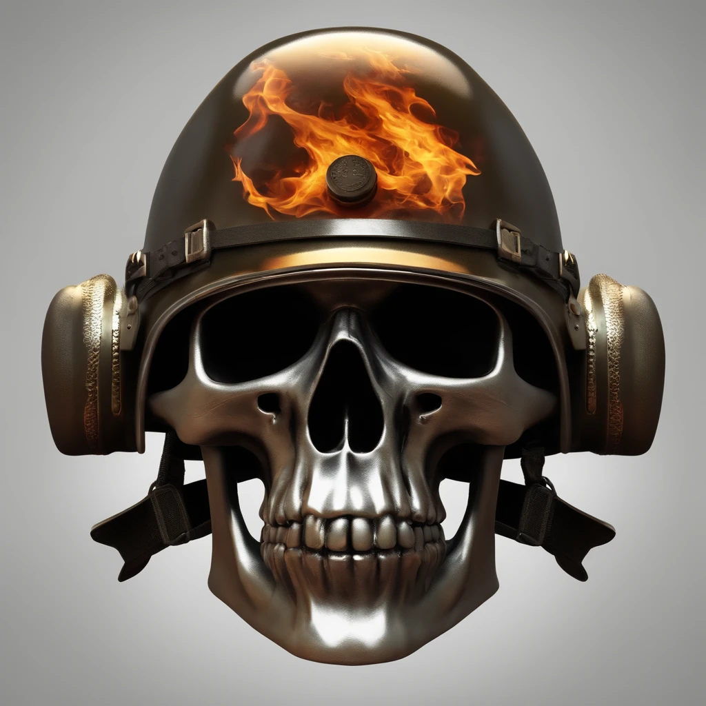A flaming human skull with a soldiers helmet on, the helmet has a bulletbelt, realistic