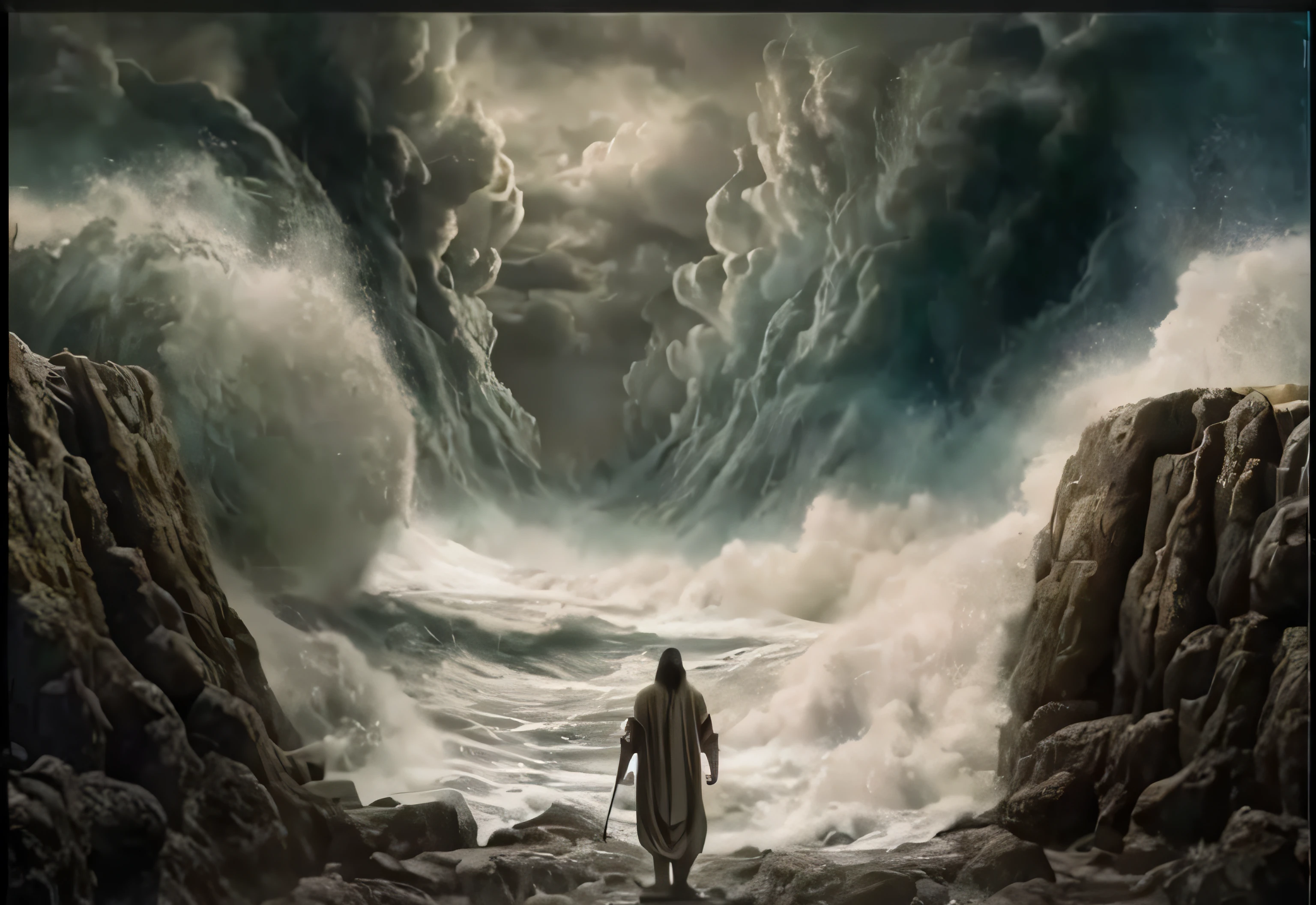 um homem parado em uma praia rochosa com uma tempestade vindo ao fundo, the sea and storms behind him, epic biblical representation, standing in a maelstrom, em uma tempestade, apocalyptic tumultuous sea, Tormento e ondas, amazingly epic visuals, tempestade de todas as tempestades, biblical epic movie, moses, intricate and epic composition, beautiful image ever created