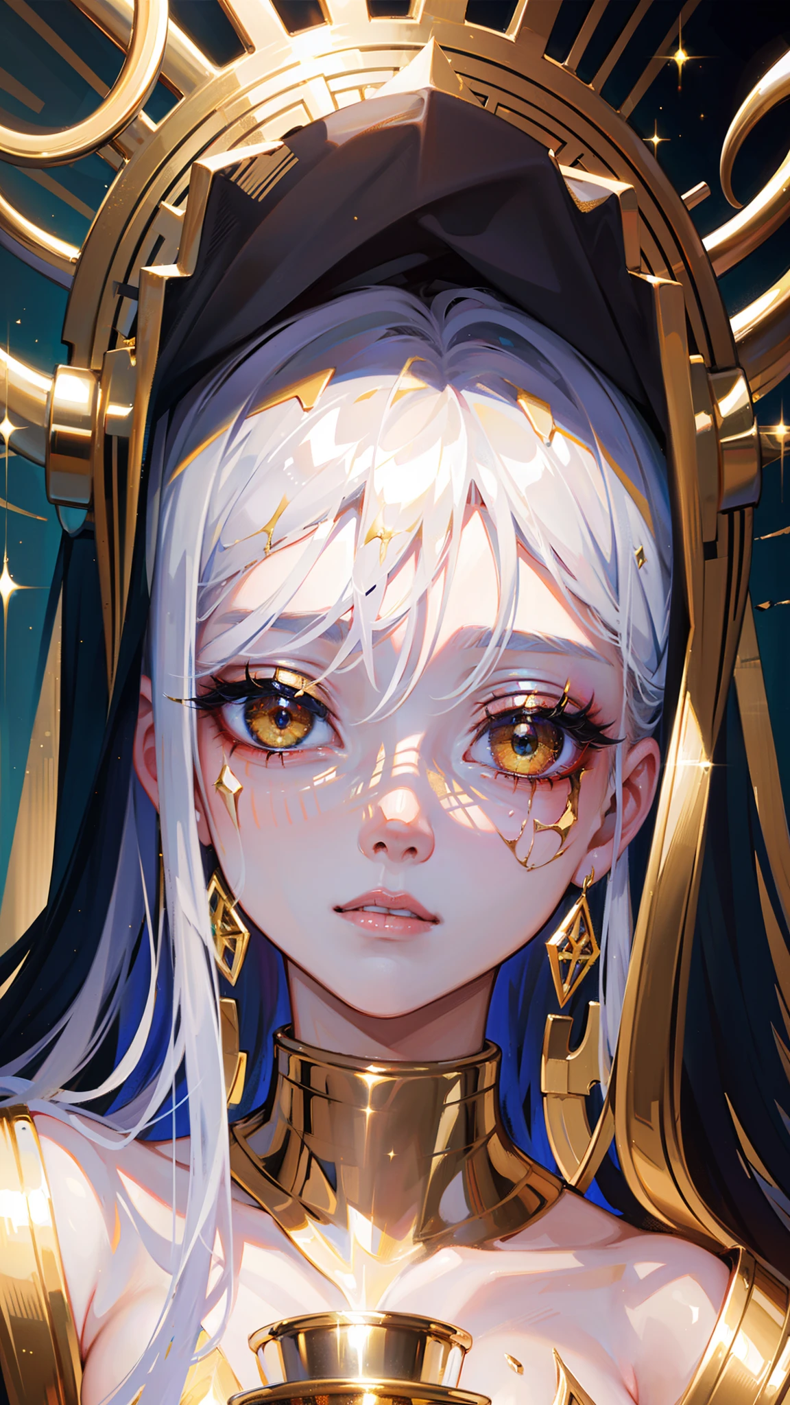 High quality. High details. 8K. Gold eyes. Holding a gold cup. Melting makeup. Crackled skin. Klimt. Esoteric. Power. King