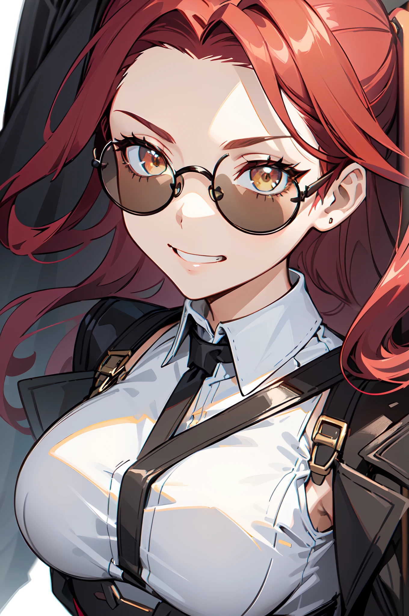 1girl, young woman, solo, long hair, big hair, (forehead:1.13), (round sunglasses:1.2), yellow eyes, scarlet red hair, medium breasts, grin, (overcoat, black coat, open coat:1.2), white shirt, collared shirt, (chest harness, shoulder strap:1.15), black leather shorts, garter belt, gloves, elegant, crossed arms, looking at viewer, standing, ((close-up:1.4)), face only, cowboy shot, masterpiece, best quality, 4k