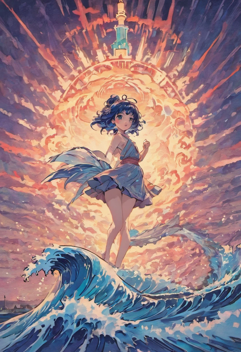 Sticker, work of Hokusai, Ukiyo-e style, Statue of Liberty 1900, psychedelic, abstract. The foreground is like the wave off Kanagawa. The wave is transforming into the head of the mermaid.