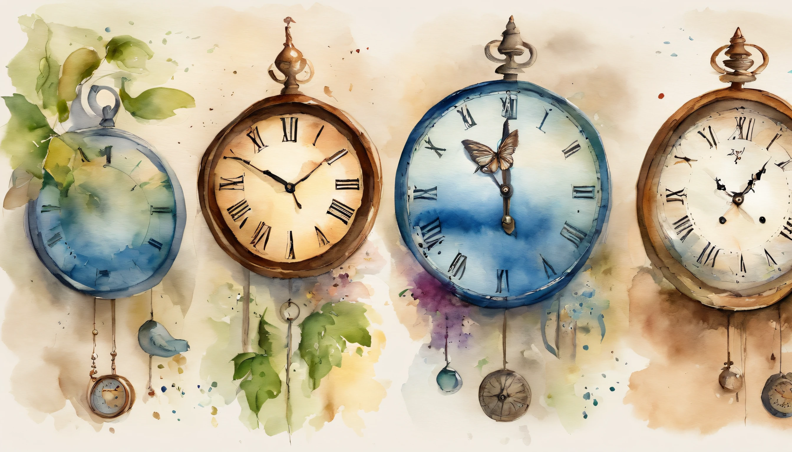 There are 10 clocks hanging on the wall, Round clock、Triangular clock、Vertically long clock、Watercolor touch,