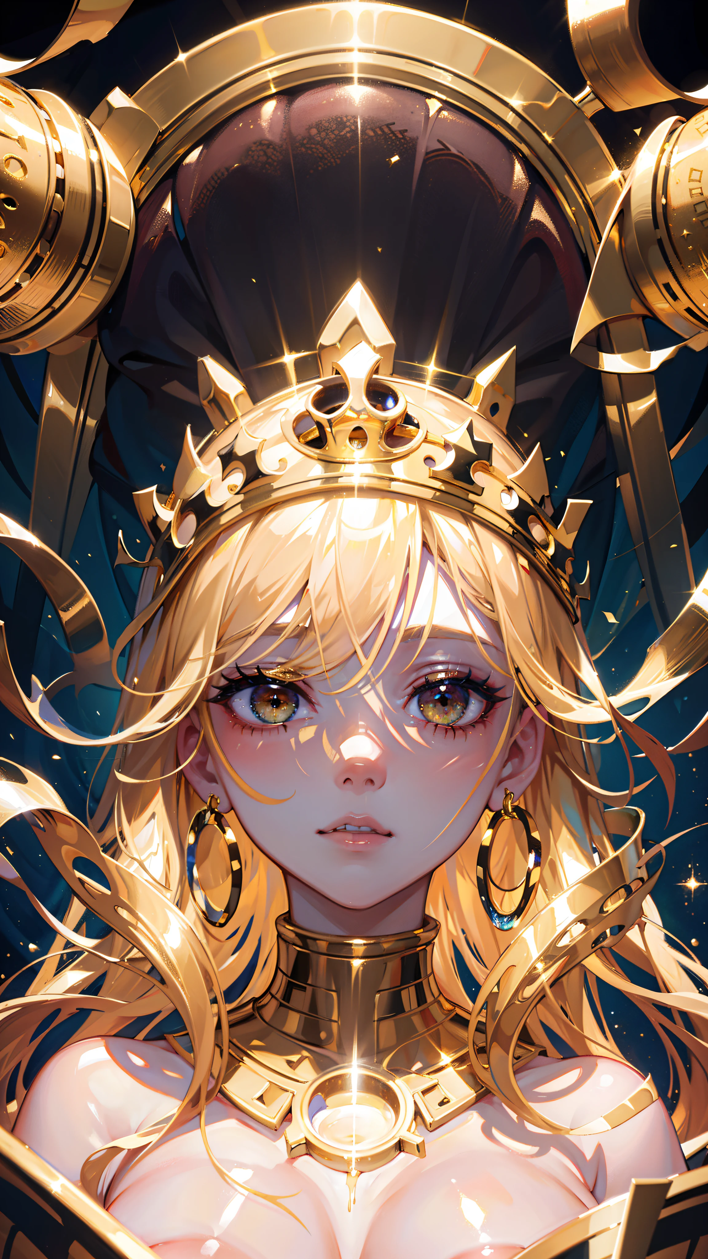 High quality. High details. 8K. Gold eyes. Holding a gold cup. Melting makeup. Crackled skin. Klimt. Esoteric. Power. King