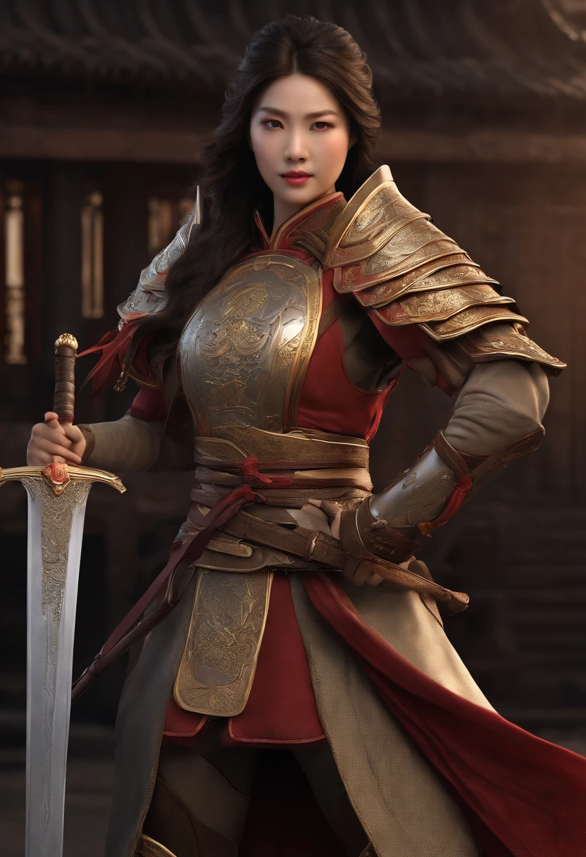 tmasterpiece,High-definition CG diagram,Ancient Chinese female warrior Mulan,One hand holds a sword,Helmet in one hand,Oversized models,Detailed eyes and face,Tall figure,Brunette girl,All-armor clothing,Over-the-knee boots,Brilliant armor colors,Exquisite decoration,Charming temperament,Tall figure,Wide buttock,Thick thighs,A majestic sight,Scenes from war。