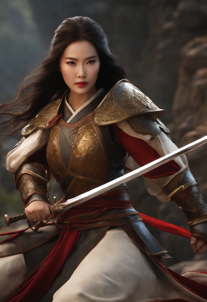 tmasterpiece,High-definition CG diagram,Ancient Chinese female warrior Mulan,One hand holds a sword,Helmet in one hand,Oversized models,Detailed eyes and face,Tall figure,Brunette girl,All-armor clothing,Over-the-knee boots,Brilliant armor colors,Exquisite decoration,Charming temperament,Tall figure,Wide buttock,Thick thighs,A majestic sight,Scenes from war。