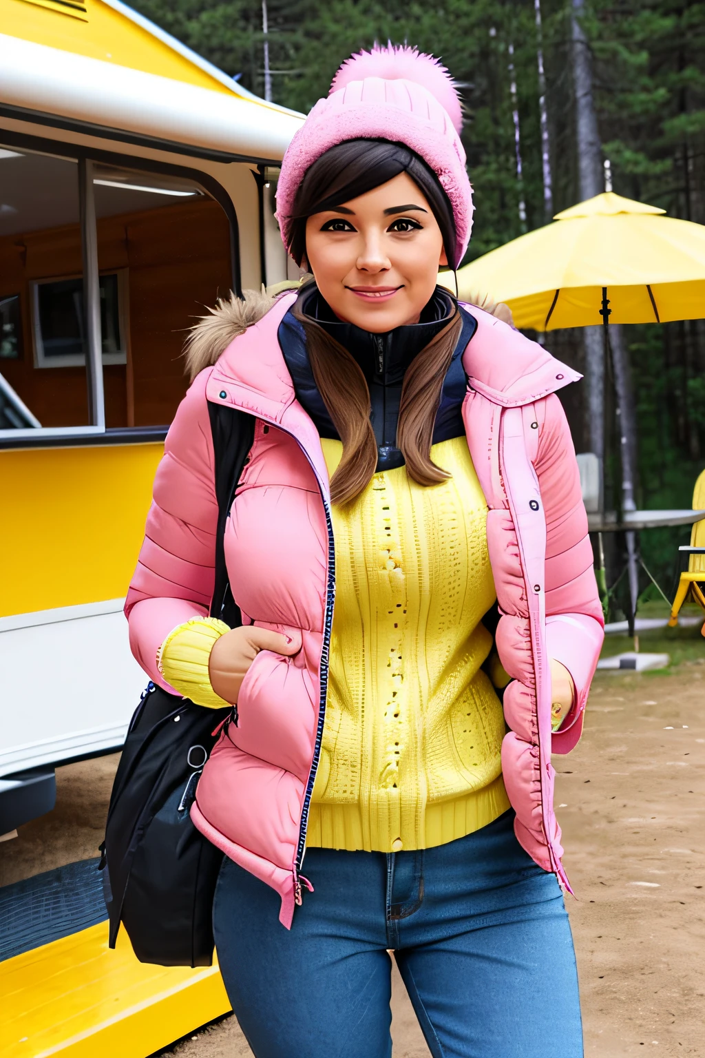 Make a woman with big breast, Pink long winterjacket , with open zipper, with face, body, Lakeside house, travel bag, yellow pants, camper, dog