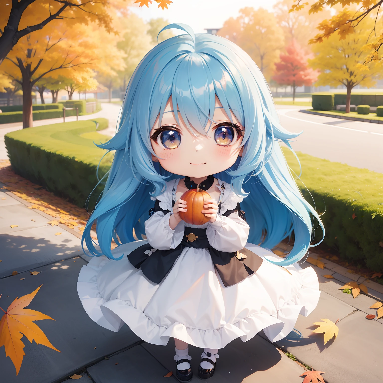 Chibichara long hair with blue hair((Chibi Chara))、Fluffy、girl with、a smile、Chibi Chara、full body Esbian、Pastel colors hair、masutepiece、top-quality、Park of autumn leaves、Chestnut picking