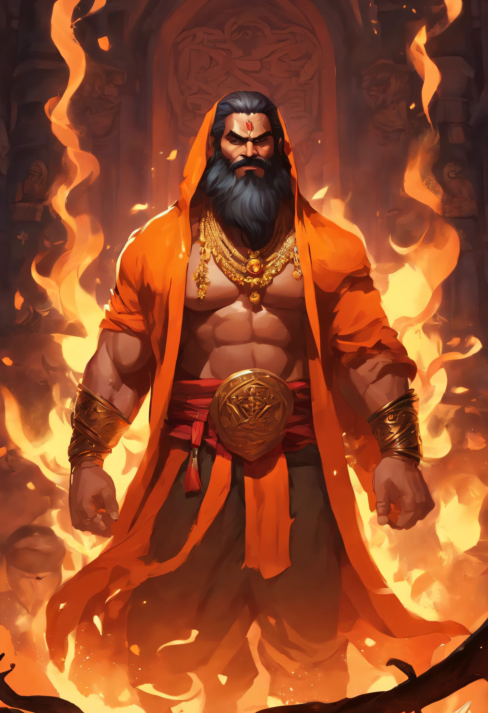 a 35 years old man who has a face of a monkey, has a long tail as a monkey, proper eyes, An Indian god, Lord Hanuman, face of a monkey , moderate stature, has a big tail, Fire on the background, strongly built, broad-chested, narrow-waisted, and long-armed, big golden sword in his hand, in a dark forest (Professional 3D rendering:1.3) by (Realistic:1.3) World's most beautiful art picture, Features soft, dark complexation male heroes , hindu god, indian god, ((Epic hindu god , lord Hanuman, fantasy rough muscular man wet hero angry look long hair long slightly white beard and fierce expression in dynamic pose, wearing a orange robe, inside a jungle, burning lights in the background, majestic environment)), full body 8k unit render, action shot, skin pores, very dark lighting, heavy shading, detailed, Detailed face, (vibrant, photorealistic, Realistic , Dramatic, Dark, sharp focus, 8k), (orange cloths with heavy jewelry r:1.4), (intricate:1.4), decayed, (highly detailed:1.4), painting digital, rendering by octane, art stations, Concept-Art, smooth, sharp focus, illustration, germ of art, (Loish:0.23), Wlop Ilya Kuvshinov, and Greg Rutkowski and Alphonse Mucha Gracias, (global illumination, studiolight, Light Volumetric ), heavy rain, floating particles, scoundrel, fantasy, Eleven, full bodyesbian, ((Dark old city background:1.3)),CGSesociedade,art stations
