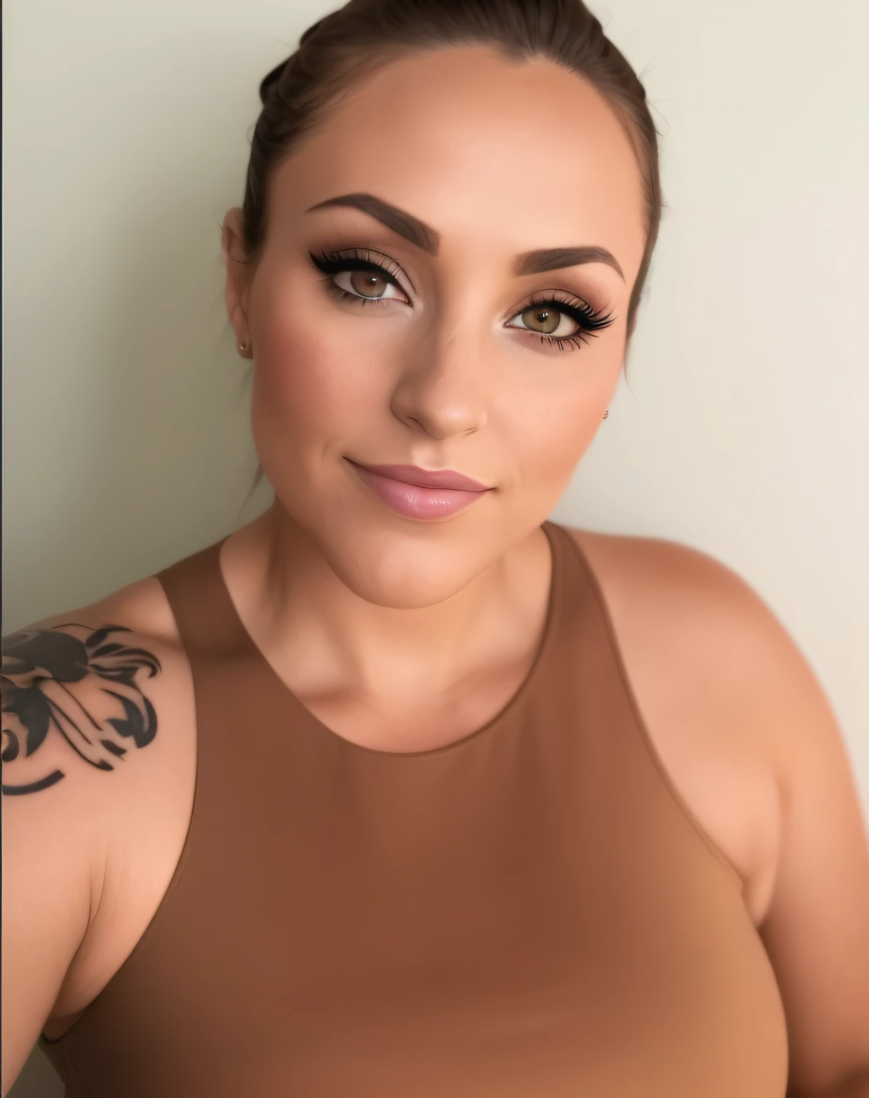 there is a woman with a tattoo on her arm and a brown top, headshot profile picture, 30 years old woman, 3 0 years old woman, sexy face with full makeup, beautiful well rounded face, wearing a low cut tanktop, profile image, professional profile picture, well contoured smooth fair skin, sultry smirk, with professional makeup