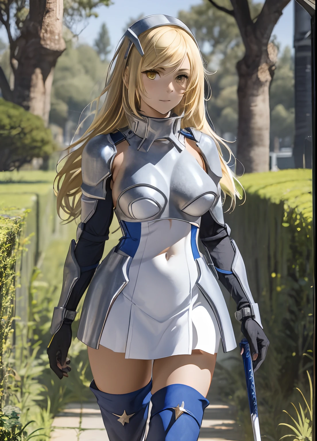 ais, 1girl, solo, blonde hair, armor, long hair, straight hair, thighhighs, boots, dress, yellow eyes, thigh boots, blue long boots, blue footwear, covered navel, breastplate, shoulder armor, gloves, white dress outdoor, sunny, standing, cowgirl sex