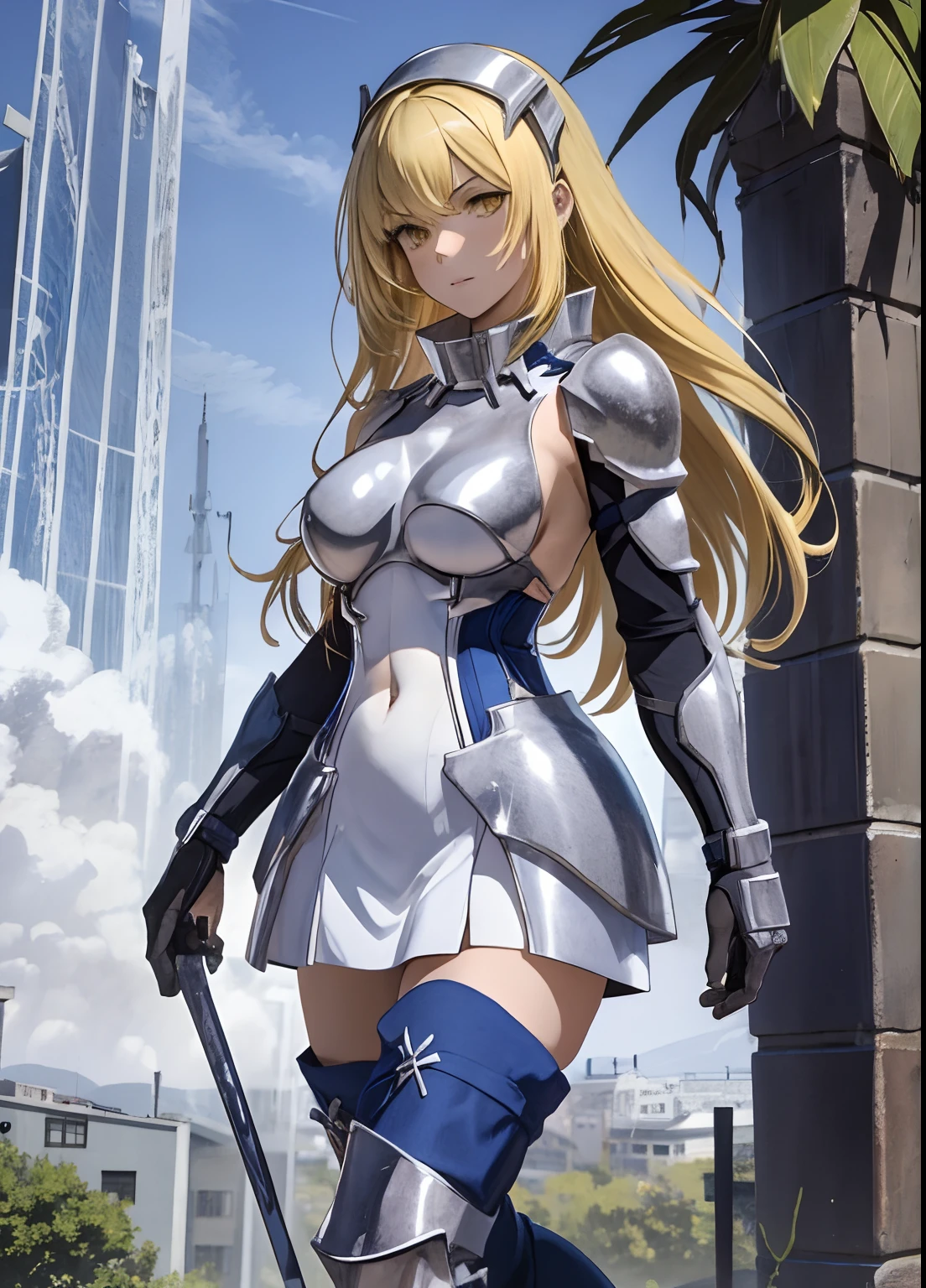 ais, 1girl, solo, blonde hair, armor, long hair, straight hair, thighhighs, boots, dress, yellow eyes, thigh boots, blue long boots, blue footwear, covered navel, breastplate, shoulder armor, gloves, white dress outdoor, sunny, standing, cowgirl sex