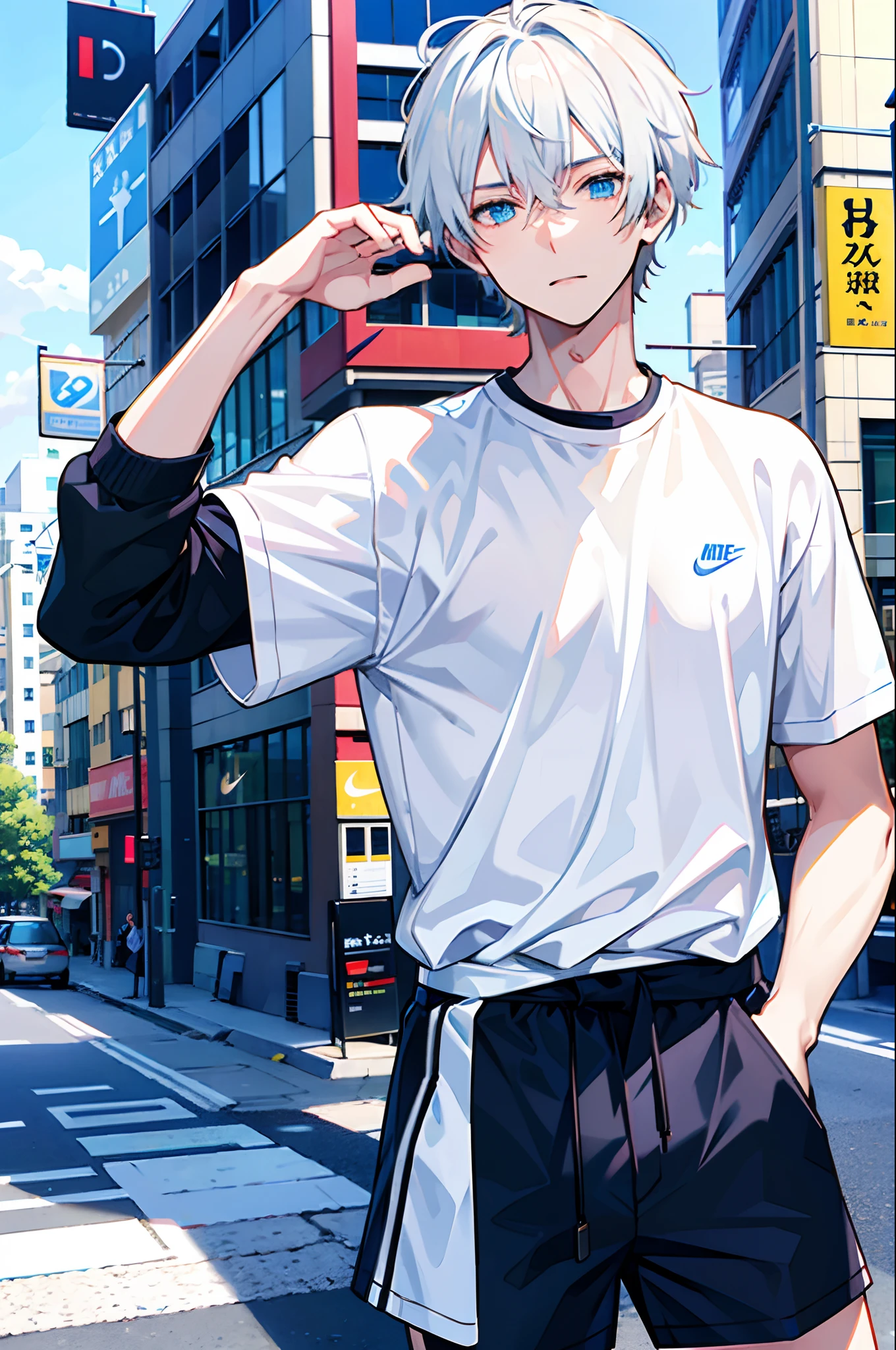 Handsome man , with very short hair , short trendy hair style , he has white hair , blue eyes , lean body type , toned and muscular , wearing a Nike shirt , shirt around waist, sunny way, solo character
