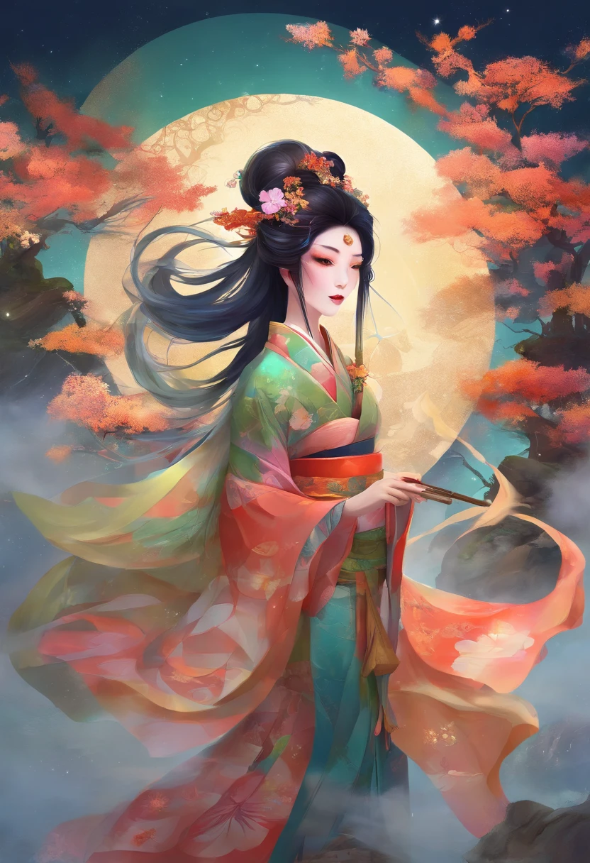Makashi kimono、ganja、geisha、smokeing、10 people、Inhale smoke、cyberpunked、near future、Product Images、Landscape ratio image、Background through、Hemp leaf hair ornament、Background transparent