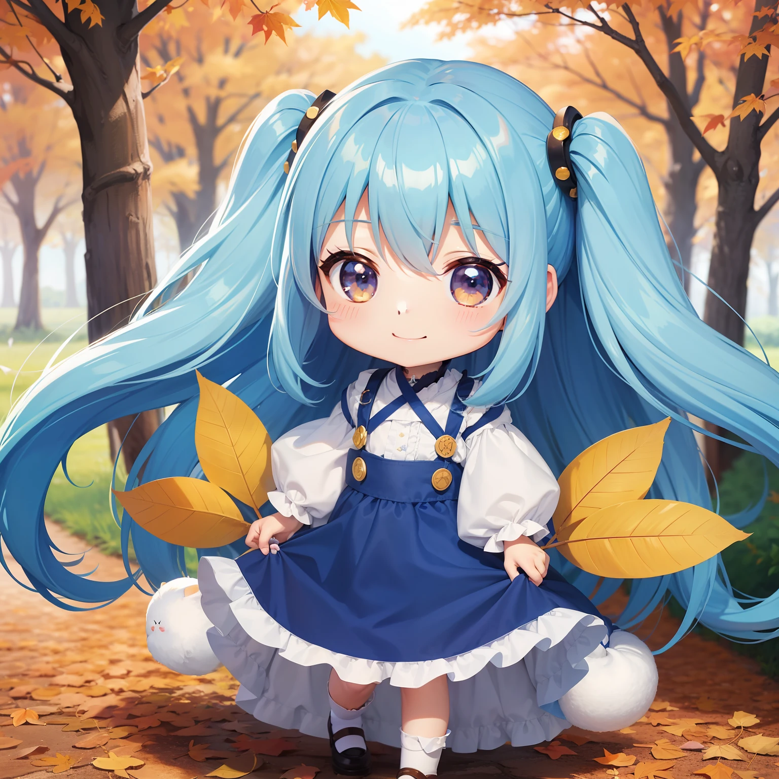 Chibichara long hair with blue hair((Chibi Chara))、Fluffy、girl with、a smile、Chibi Chara、full body Esbian、Pastel colors hair、masutepiece、top-quality、Park of autumn leaves、Chestnut picking