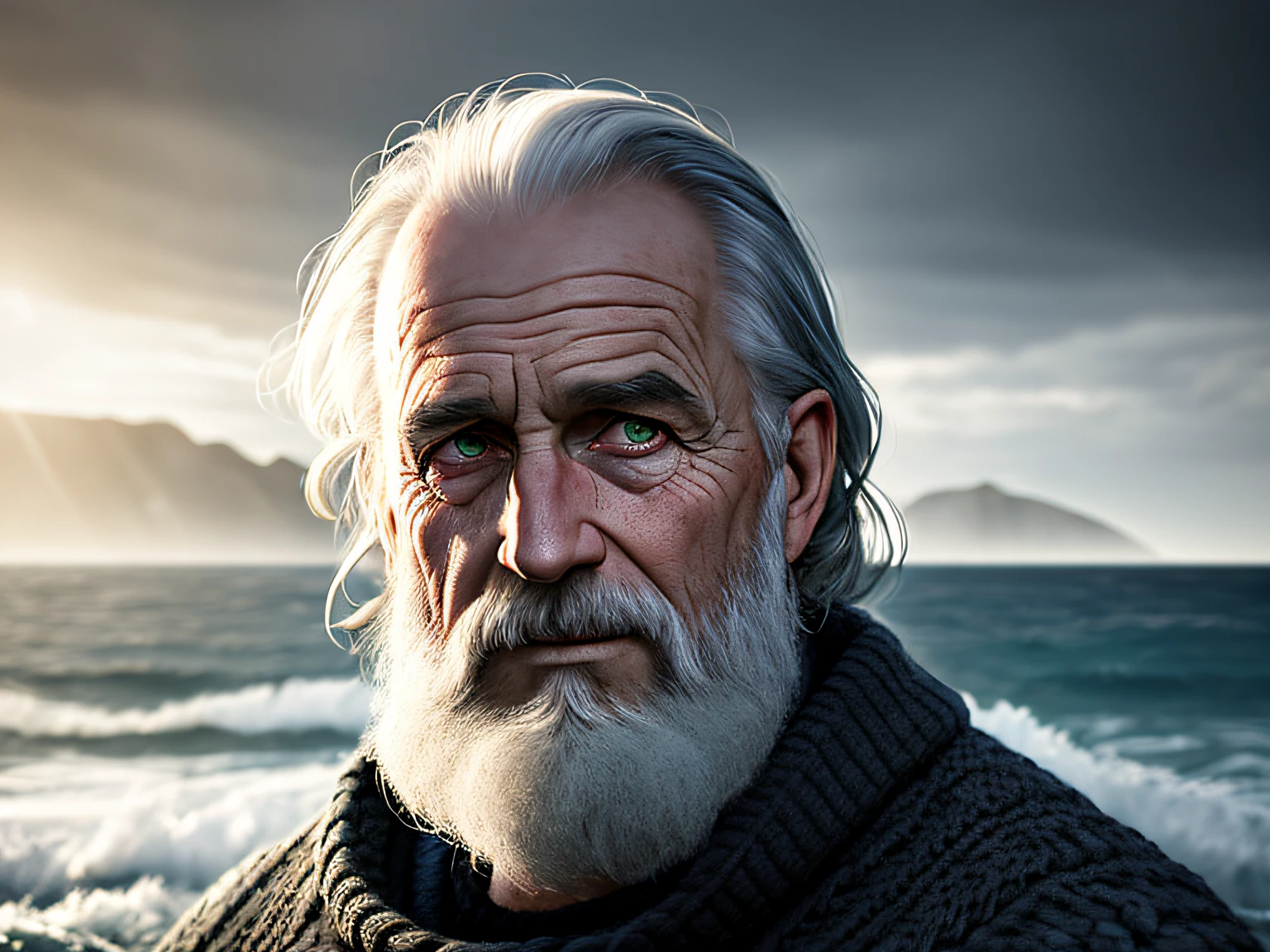 award winning portrait photo of an older male medieval grizzled sailor in a knitted sweater with wrinkles on face, ocean, waves, mountain cliffside with breaking waves, stormy, sinister, evil, (backlighting:1.3), digital painting, concept art, smooth, sharp focus, rule of thirds, dark fantasy,intricate details, medium shot
