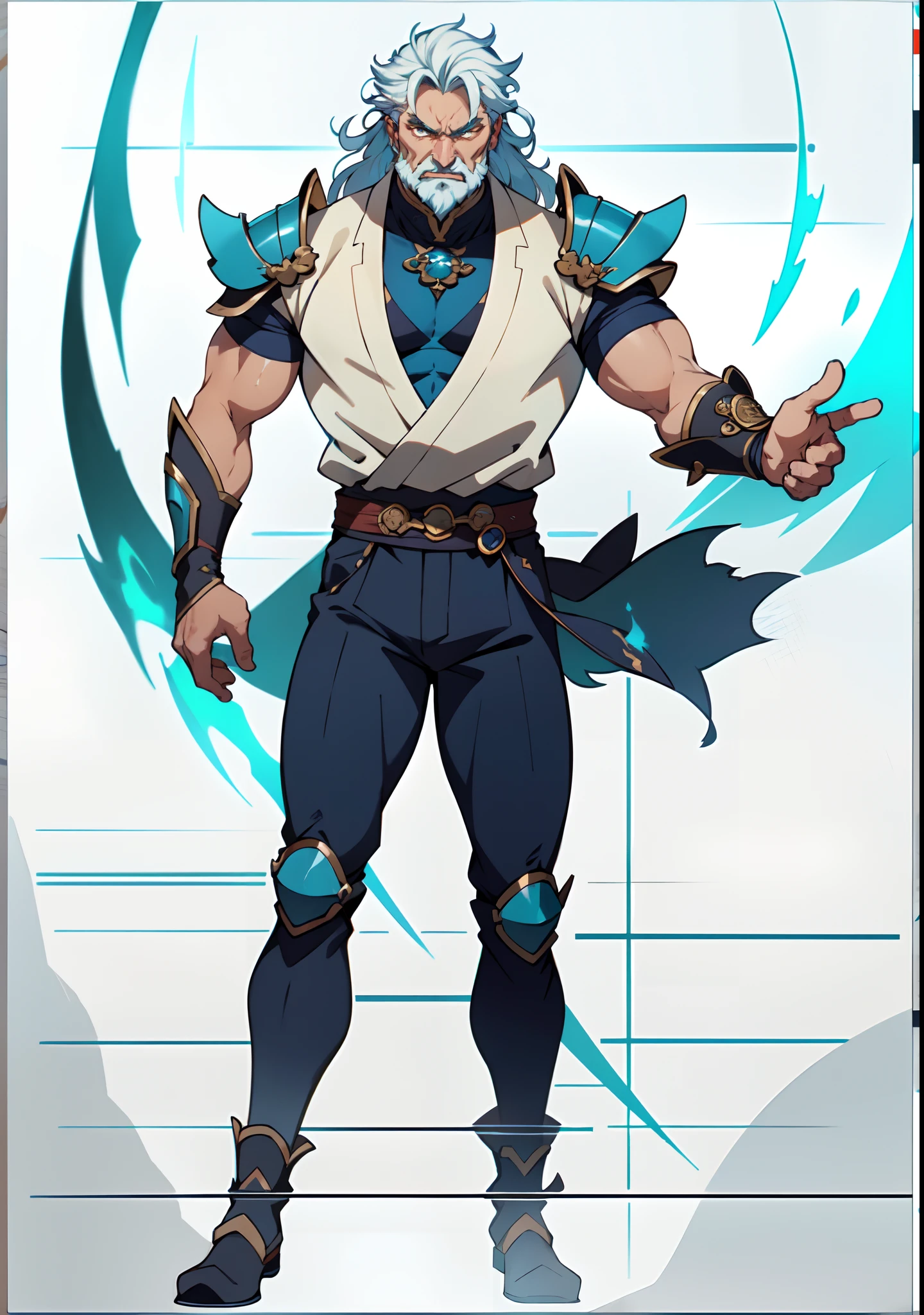 A middle-aged old man with flowing white hair, his eyes wide with fury, his mouth open in a roar, a simple yet dignified cloth armor, a fantasy-style Chinese cloth armor, mainly white with blue textured patterns, a simple yet elegant design, he also wears matching pants and leg guards, his entire body exudes a powerful aura, a formidable presence, a martial energy, energy field, this character embodies a finely crafted fantasy-style Chinese martial hero design in anime style, characterized by a sophisticated and mature manga illustration art style, Ink, Ink style, ink splash, blue aura, aura, Power, angry, wild hair, high definition, best quality, highres, ultra-detailed, ultra-fine painting, extremely delicate, professional, anatomically correct, symmetrical face, extremely detailed eyes and face, high quality eyes, creativity, RAW photo, UHD, 8k, Natural light, cinematic lighting, masterpiece:1.5