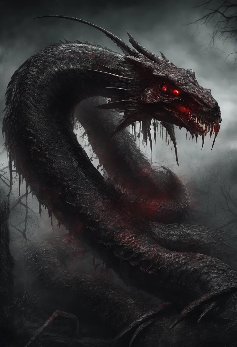 schlangen Drache, large red wings with black claws, Schwazer scaly body, White skull as a mask over the face, feurig rot leuchtende Augen, black gloomy atmosphere, snake body, dangerous, agressiv