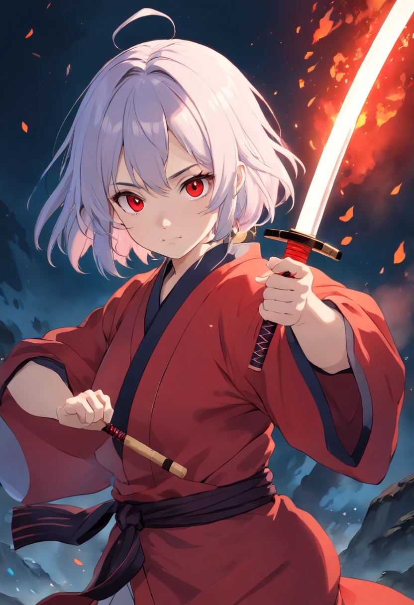 A girl similar to illyasviel from fate so that in the anime world of kimetsu no yaiba wearing a red haori and a black katana she is short and has small breasts, she will have white hair and fire around her sword, black eyes and looking to the camera