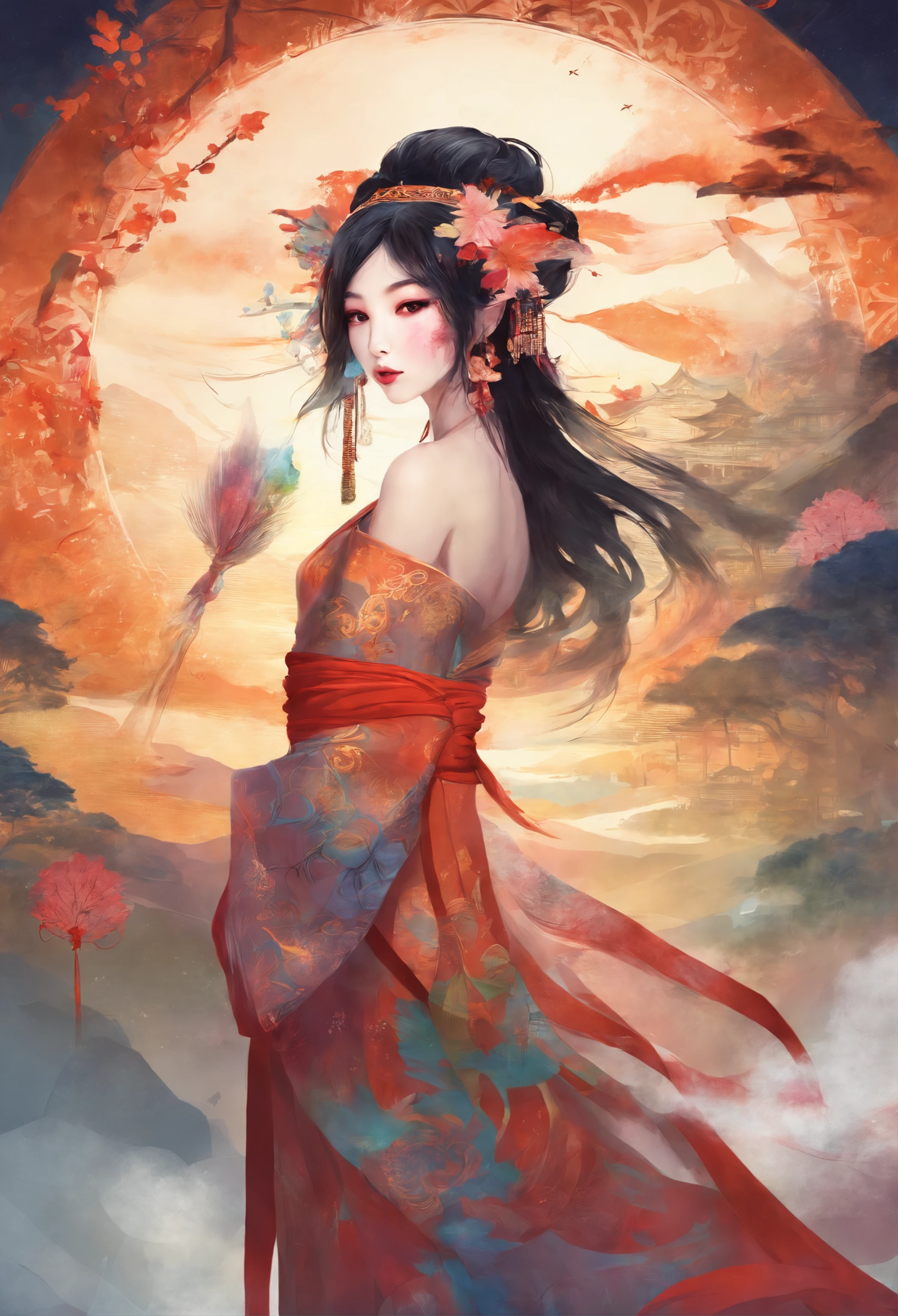 Makashi kimono、ganja、geisha、smokeing、10 people、Inhale smoke、cyberpunked、near future、Product Images、Landscape ratio image、Background through、Hemp leaf hair ornament、Background transparent