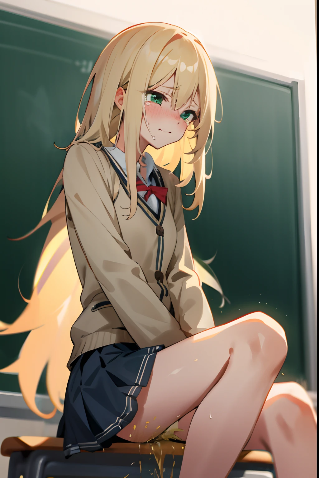 1 long hair, girl in school uniform, miniskirt, blonde hair, green eyes, looking away, sitting and spreading crotch, embarrassed, blushing, crying, mouth closed, classroom (girl leaking pee)