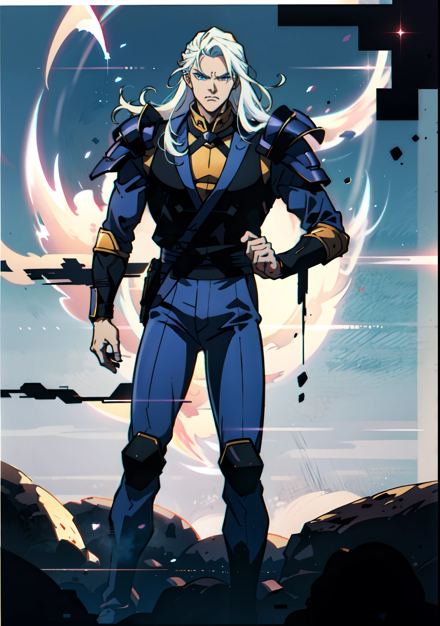 A middle-aged old man with flowing white hair, his eyes wide with fury, his mouth open in a roar, a simple yet dignified cloth armor, a fantasy-style Chinese cloth armor, mainly white with blue textured patterns, a simple yet elegant design, he also wears matching pants and leg guards, his entire body exudes a powerful aura, a formidable presence, a martial energy, energy field, this character embodies a finely crafted fantasy-style Chinese martial hero design in anime style, characterized by a sophisticated and mature manga illustration art style, Ink, Ink style, ink splash, blue aura, aura, Power, angry, wild hair, high definition, best quality, highres, ultra-detailed, ultra-fine painting, extremely delicate, professional, anatomically correct, symmetrical face, extremely detailed eyes and face, high quality eyes, creativity, RAW photo, UHD, 8k, Natural light, cinematic lighting, masterpiece:1.5