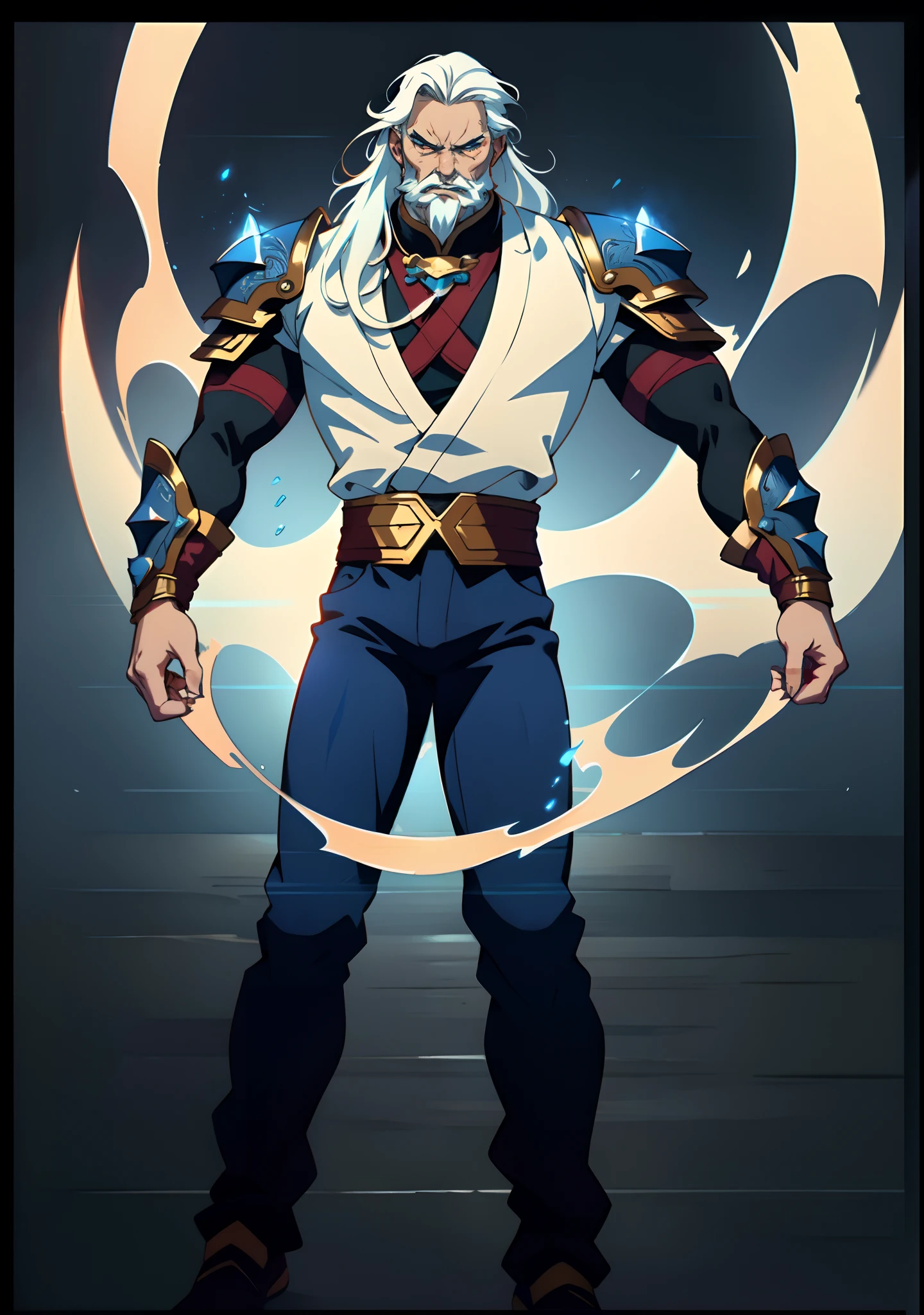 A middle-aged old man with flowing white hair, his eyes wide with fury, his mouth open in a roar, a simple yet dignified cloth armor, a fantasy-style Chinese cloth armor, mainly white with blue textured patterns, a simple yet elegant design, he also wears matching pants and leg guards, his entire body exudes a powerful aura, a formidable presence, a martial energy, energy field, this character embodies a finely crafted fantasy-style Chinese martial hero design in anime style, characterized by a sophisticated and mature manga illustration art style, Ink, Ink style, ink splash, blue aura, aura, Power, angry, wild hair, high definition, best quality, highres, ultra-detailed, ultra-fine painting, extremely delicate, professional, anatomically correct, symmetrical face, extremely detailed eyes and face, high quality eyes, creativity, RAW photo, UHD, 8k, Natural light, cinematic lighting, masterpiece:1.5