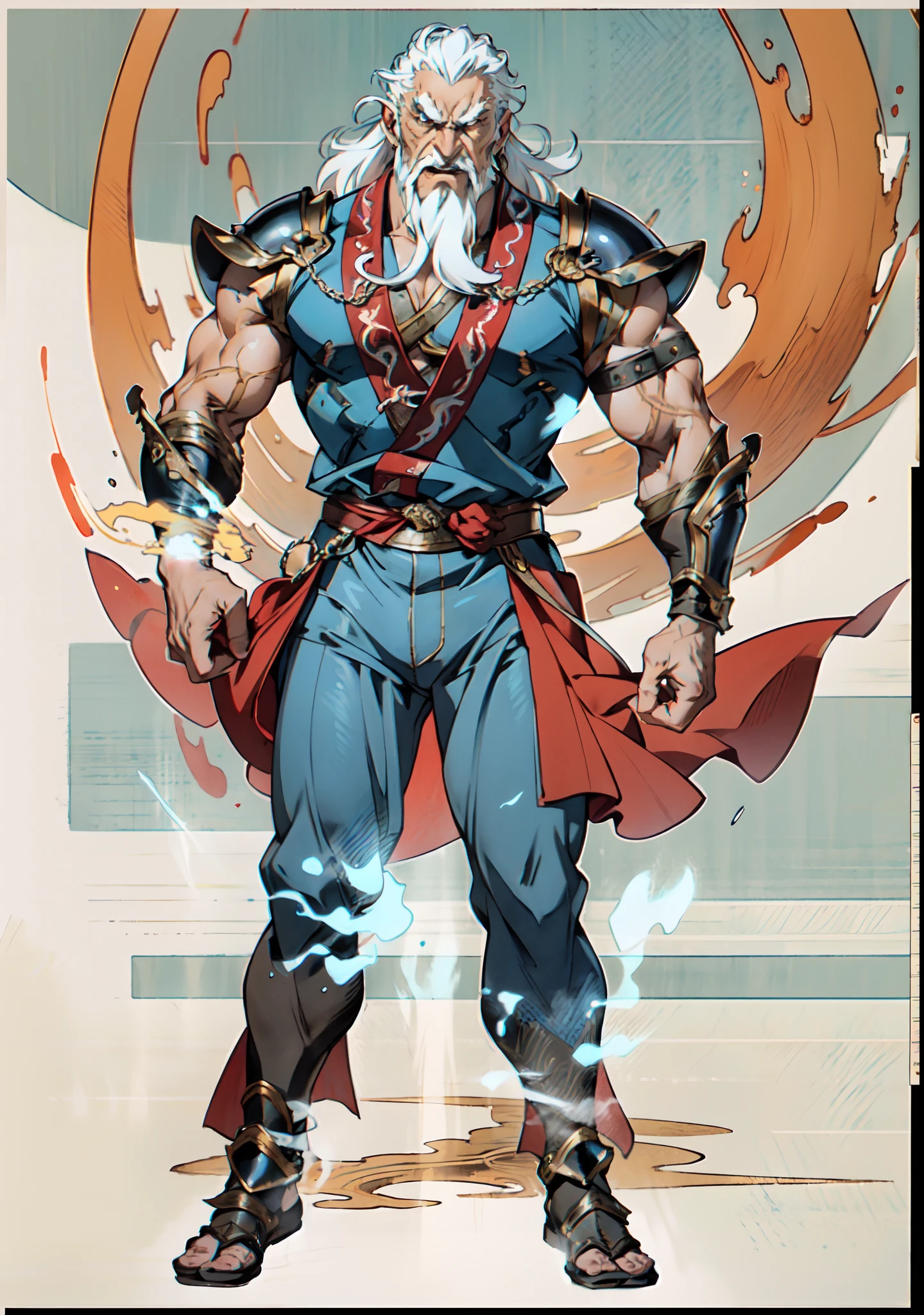A middle-aged old man with flowing white hair, his eyes wide with fury, his mouth open in a roar, a simple yet dignified cloth armor, a fantasy-style Chinese cloth armor, mainly white with blue textured patterns, a simple yet elegant design, he also wears matching pants and leg guards, his entire body exudes a powerful aura, a formidable presence, a martial energy, energy field, this character embodies a finely crafted fantasy-style Chinese martial hero design in anime style, characterized by a sophisticated and mature manga illustration art style, Ink, Ink style, ink splash, blue aura, aura, Power, angry, wild hair, high definition, best quality, highres, ultra-detailed, ultra-fine painting, extremely delicate, professional, anatomically correct, symmetrical face, extremely detailed eyes and face, high quality eyes, creativity, RAW photo, UHD, 8k, Natural light, cinematic lighting, masterpiece:1.5