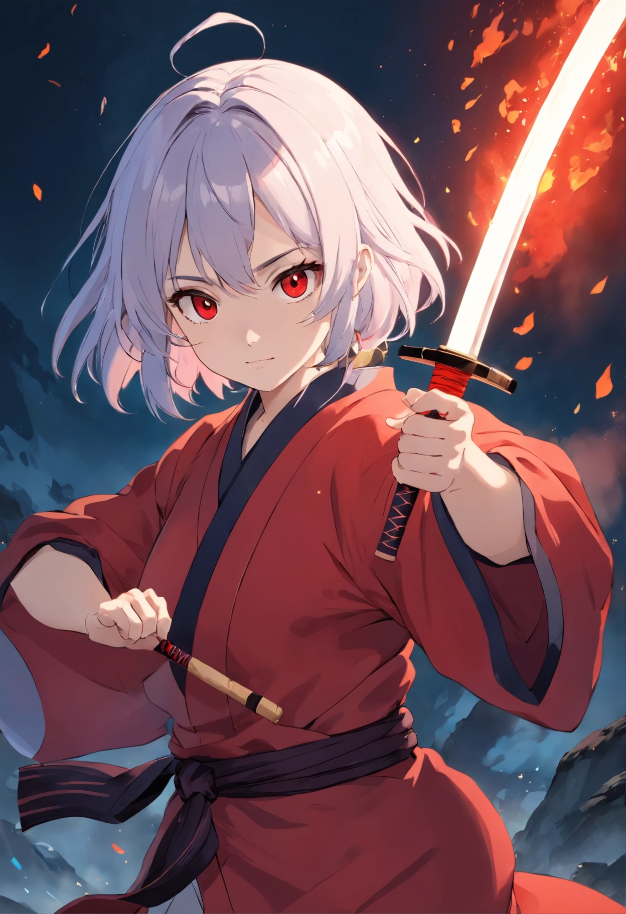 A girl similar to illyasviel from fate so that in the anime world of kimetsu no yaiba wearing a red haori and a black katana she is short and has small breasts, she will have white hair and fire around her sword, black eyes and looking to the camera