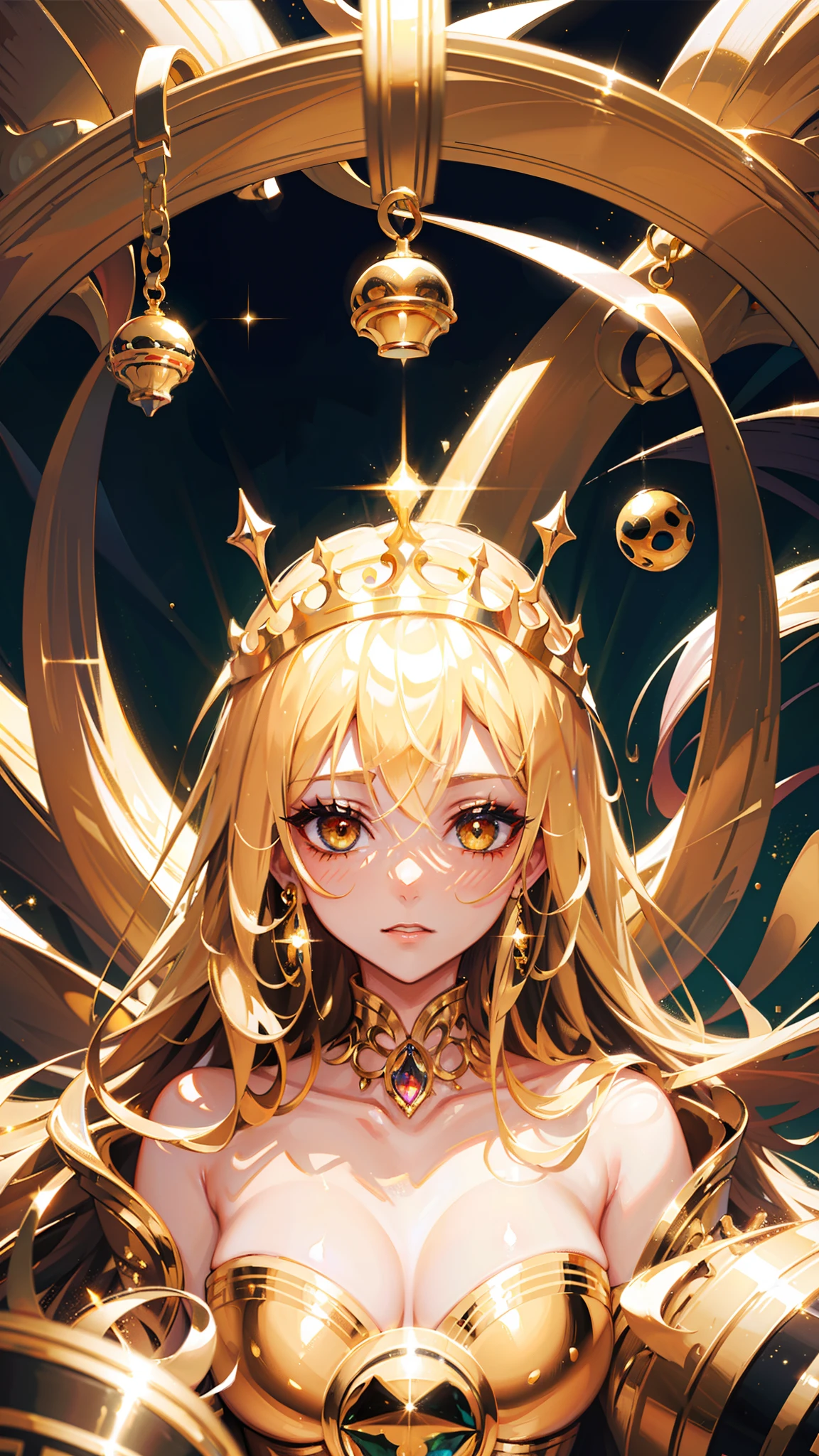 High quality. High details. 8K. Gold eyes. Melting makeup. Crackled skin. Klimt. Esoteric. Power. Queen. Six golden cups floating up