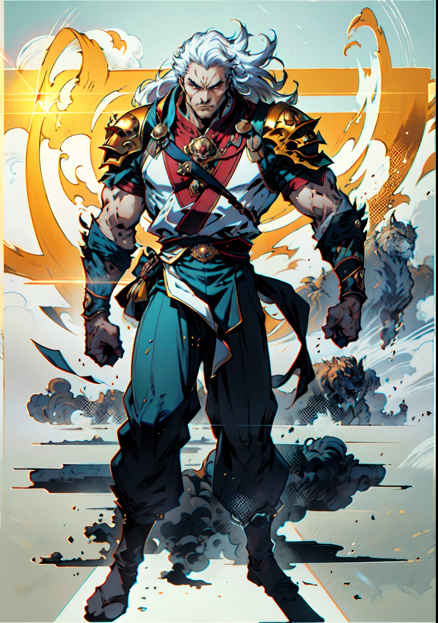 A middle-aged old man with flowing white hair, his eyes wide with fury, his mouth open in a roar, a simple yet dignified cloth armor, a fantasy-style Chinese cloth armor, mainly white with blue textured patterns, a simple yet elegant design, he also wears matching pants and leg guards, his entire body exudes a powerful aura, a formidable presence, a martial energy, energy field, this character embodies a finely crafted fantasy-style Chinese martial hero design in anime style, characterized by a sophisticated and mature manga illustration art style, Ink, Ink style, ink splash, blue aura, aura, Power, angry, wild hair, high definition, best quality, highres, ultra-detailed, ultra-fine painting, extremely delicate, professional, anatomically correct, symmetrical face, extremely detailed eyes and face, high quality eyes, creativity, RAW photo, UHD, 8k, Natural light, cinematic lighting, masterpiece:1.5