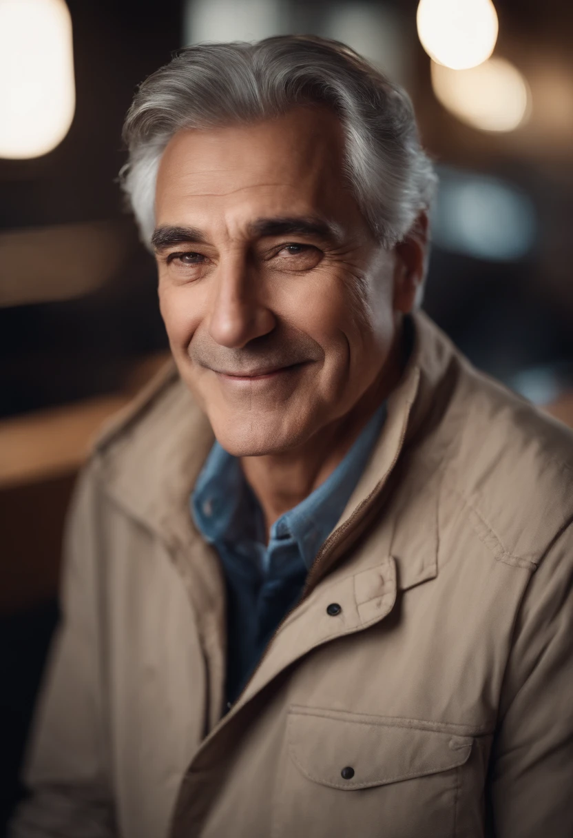 portraits,father,detailed eyes,detailed lips,best quality,ultra-detailed,realistic,vivid colors,studio lighting,bokeh,smiling,loving,gray hair,wrinkles,calm expression,warm background,casual clothing,natural lighting