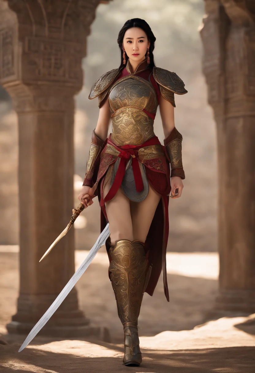 tmasterpiece，High-definition CG diagram，Ancient Chinese female warrior Mulan，Fan Bingbing's face，One hand holds a sword，Helmet in one hand，Oversized models，Detailed eyes and face，Tall figure，Brunette girl，All-armor clothing，Over-the-knee boots，Brilliant armor colors，Exquisite decoration，Charming temperament，Tall figure，Wide buttock，Thick thighs，A majestic sight，war scenario。