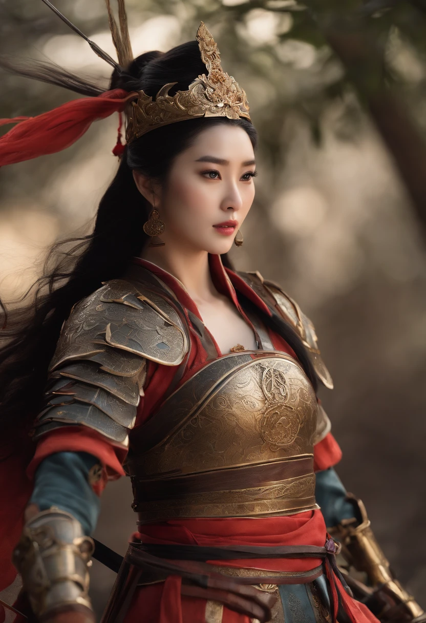 tmasterpiece,High-definition CG diagram,Ancient Chinese female warrior Mulan,Fan Bingbing's face,One hand holds a sword,Helmet in one hand,Oversized models,Detailed eyes and face,Tall figure,Brunette girl,All-armor clothing,Over-the-knee boots,Brilliant armor colors,Exquisite decoration,Charming temperament,Tall figure,Wide buttock,Thick thighs,A majestic sight,war scenario。
